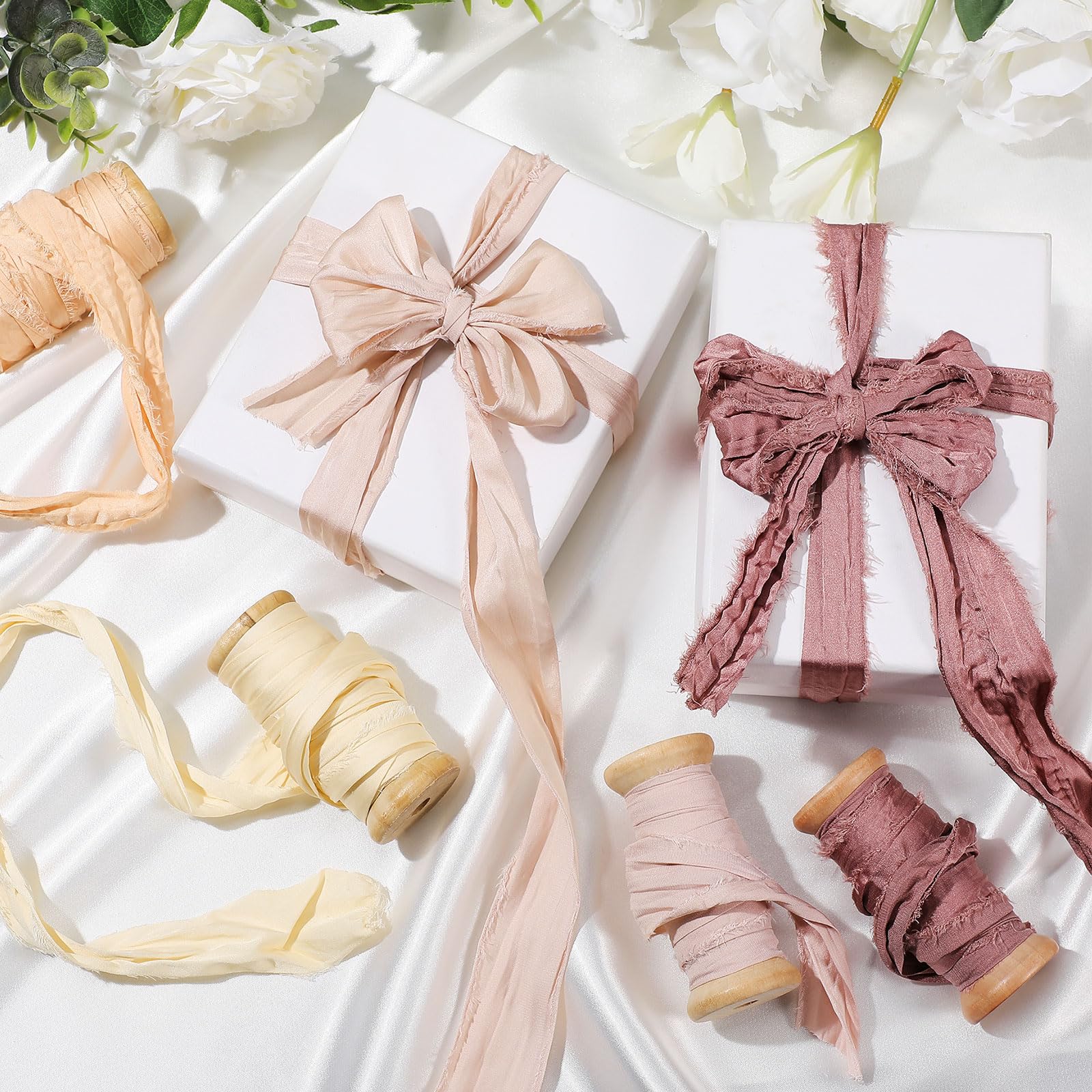 Mindsoft Seidenbänder, handgefertigt, ausgefranst, Chiffonband, 3,8 cm, mit Holzspule, handgefertigt, Shabby-Fransen, Bastelband für Geschenkverpackungen, Babyparty, Hochzeit, Brautsträuße