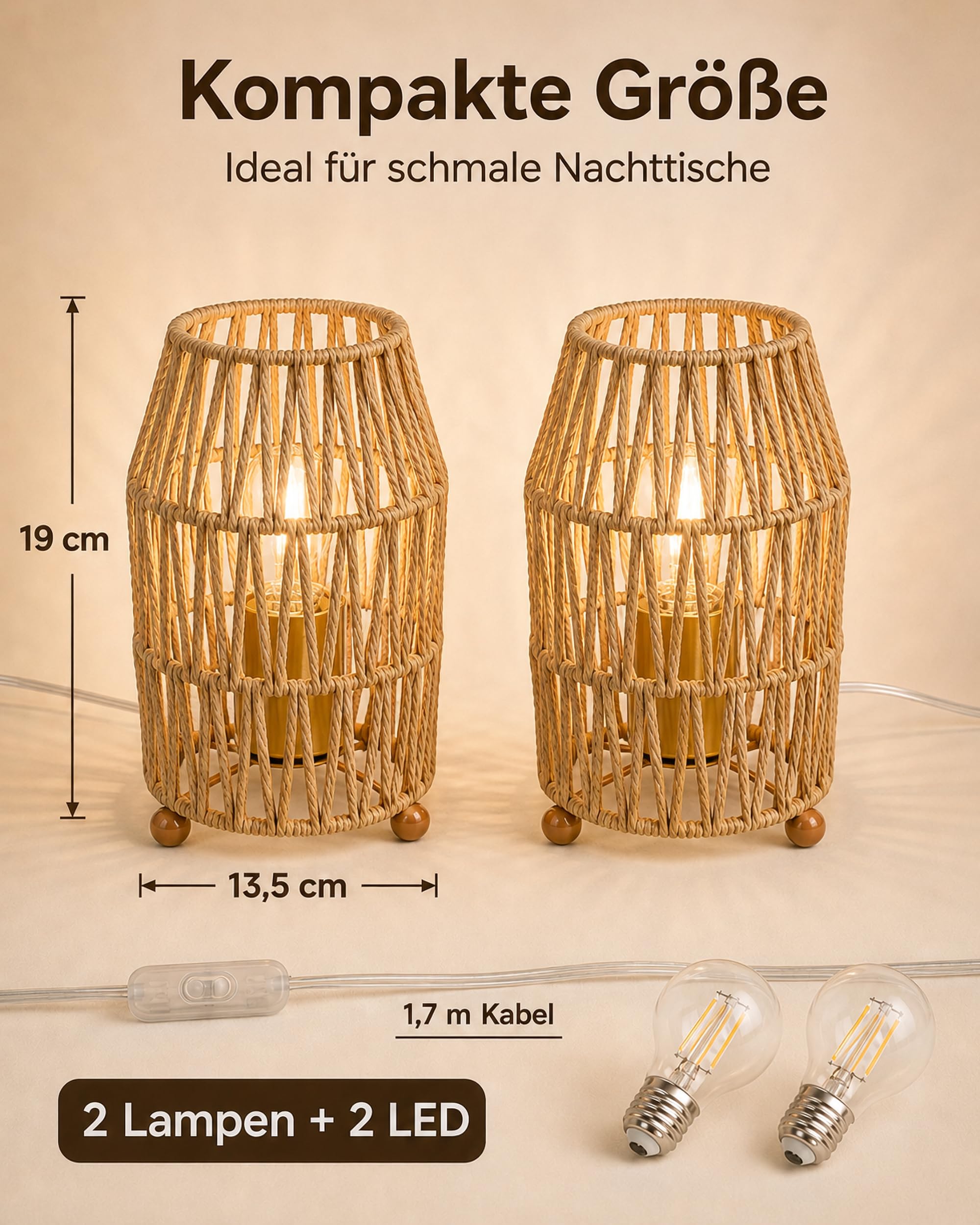 LANMOU Mała lampka nocna, zestaw 2 szt., plecionka papierowa, E27, vintage retro | 5 W LED, 3000 K ciepła biel, do sypialni i salonu