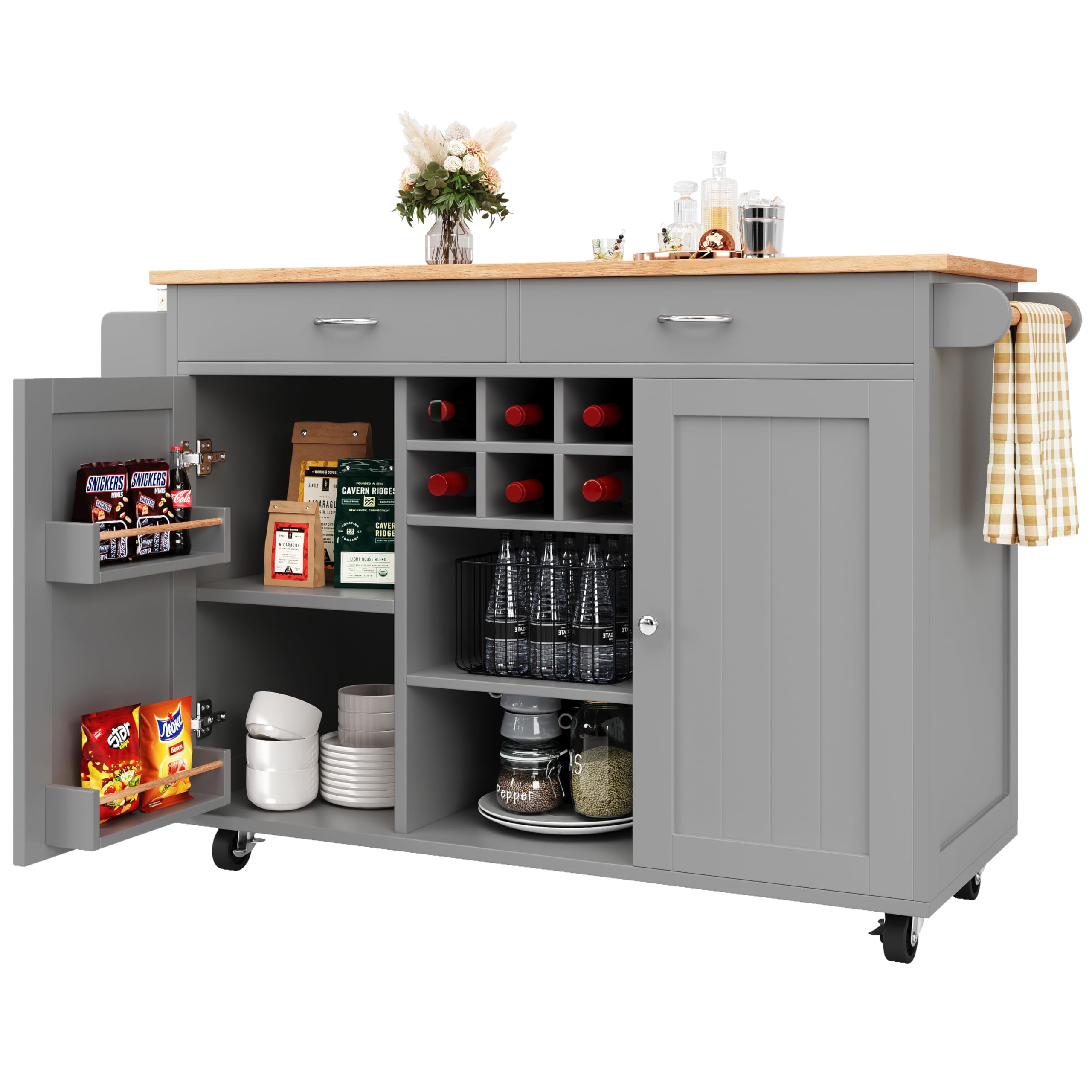 Isla de cocina 102 x 45 x 92 cm, carrito de cocina con 2 cajones, 2 puertas, estantes para puertas, estantes laterales, compartimentos ajustables, estante para vino, toallero, ruedas