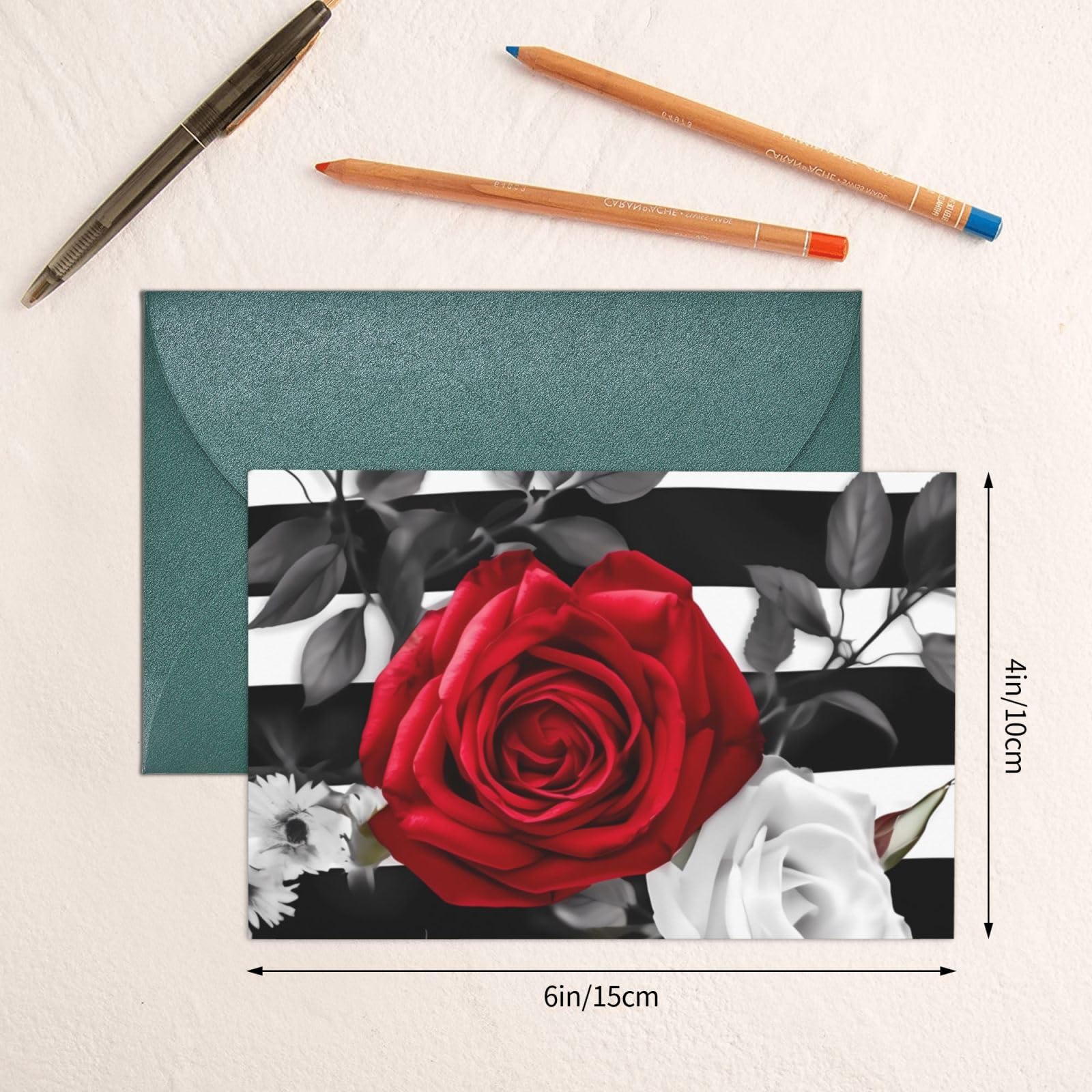 Peach Ivory Cream Rose Garden Personalized Wedding Thank You Cards - Red Heart Print - View #4