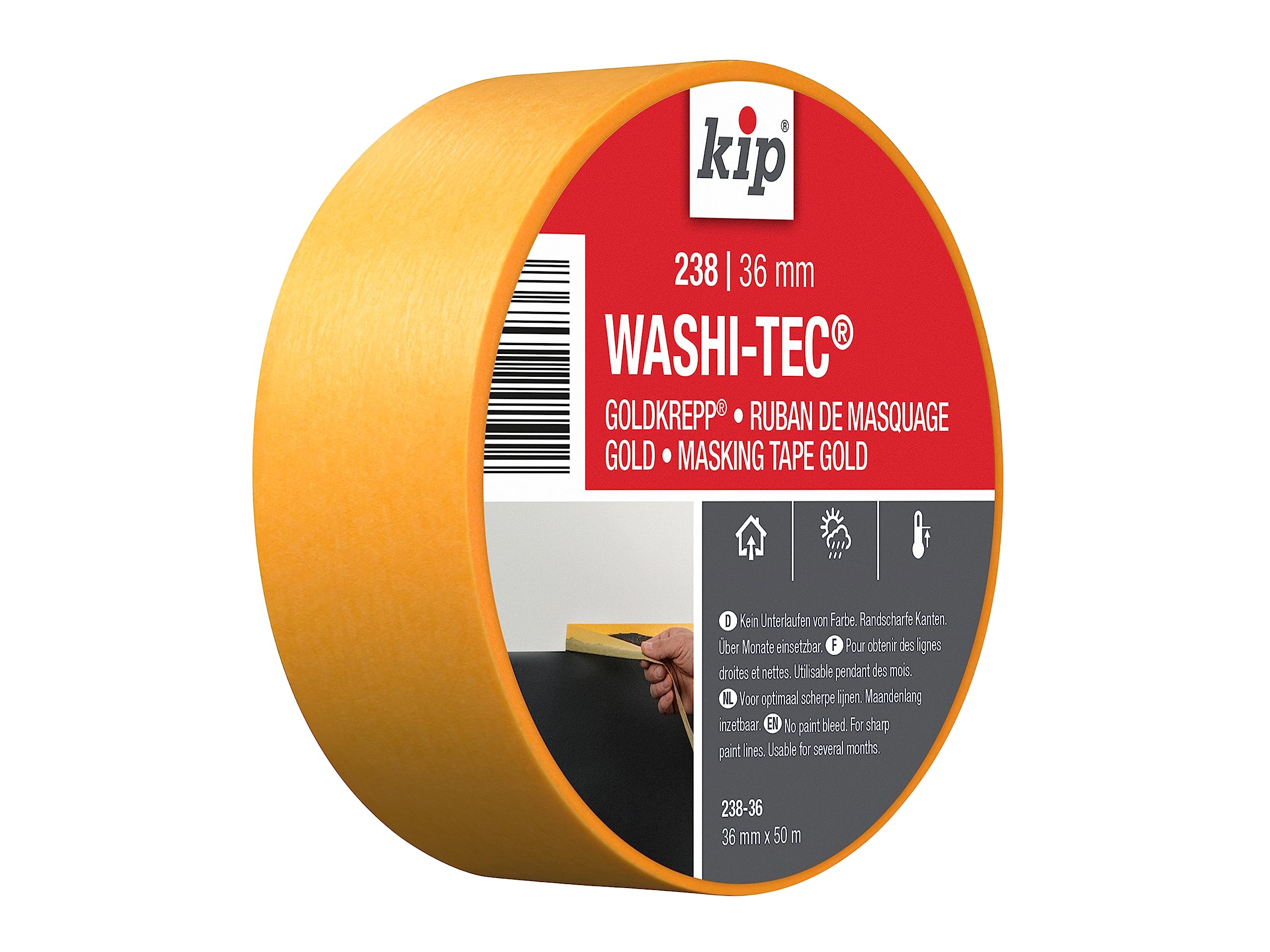 Kip Präzises Maler-Kreppband, 36 mm x 50 m, zum Malen und Dekorieren, rasiermesserscharfe Linien, Washi, Gold
