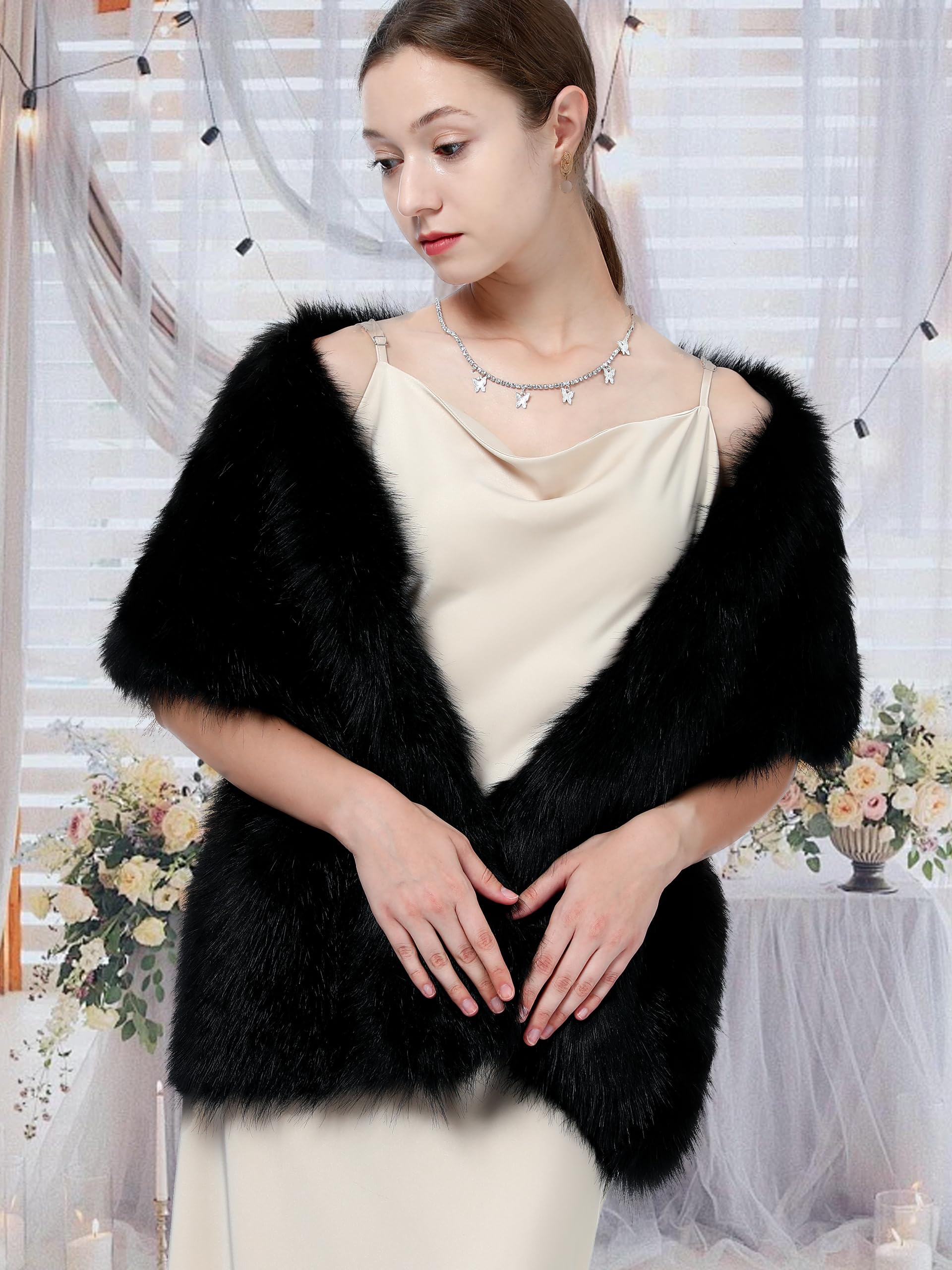 LA CARRIE Châle long en fausse fourrure pour femme - Cape de mariée - Étole d'hiver douce, noir, taille unique