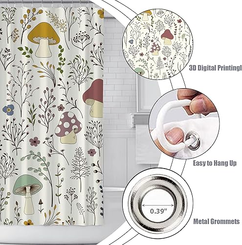 Miniatura 5 de Cortina de ducha de hongos, cortinas de ducha de tela, bonita cortina de ducha funky, cortina de ducha de tela de poliéster impermeable, juego de