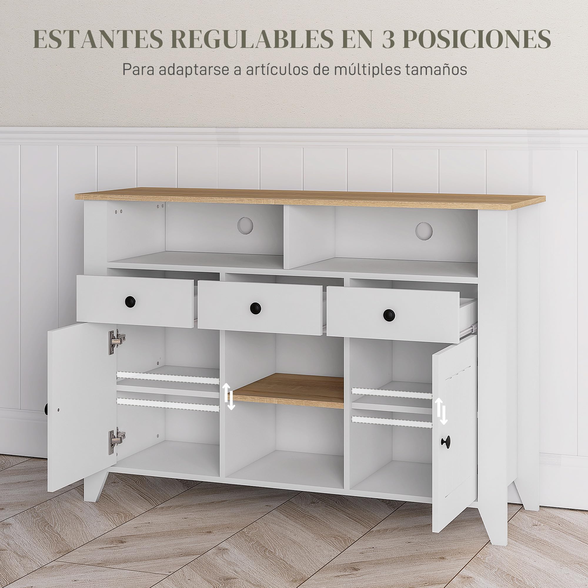 HOMCOM Aparador de Cocina Moderno 2 Puertas 120x38x81,5 cm Blanco y Roble | Mesa para Televisores de 50 Pulgadas, 3 Cajones, 2 Estantes Abiertas, 2 Estantes Regulables
