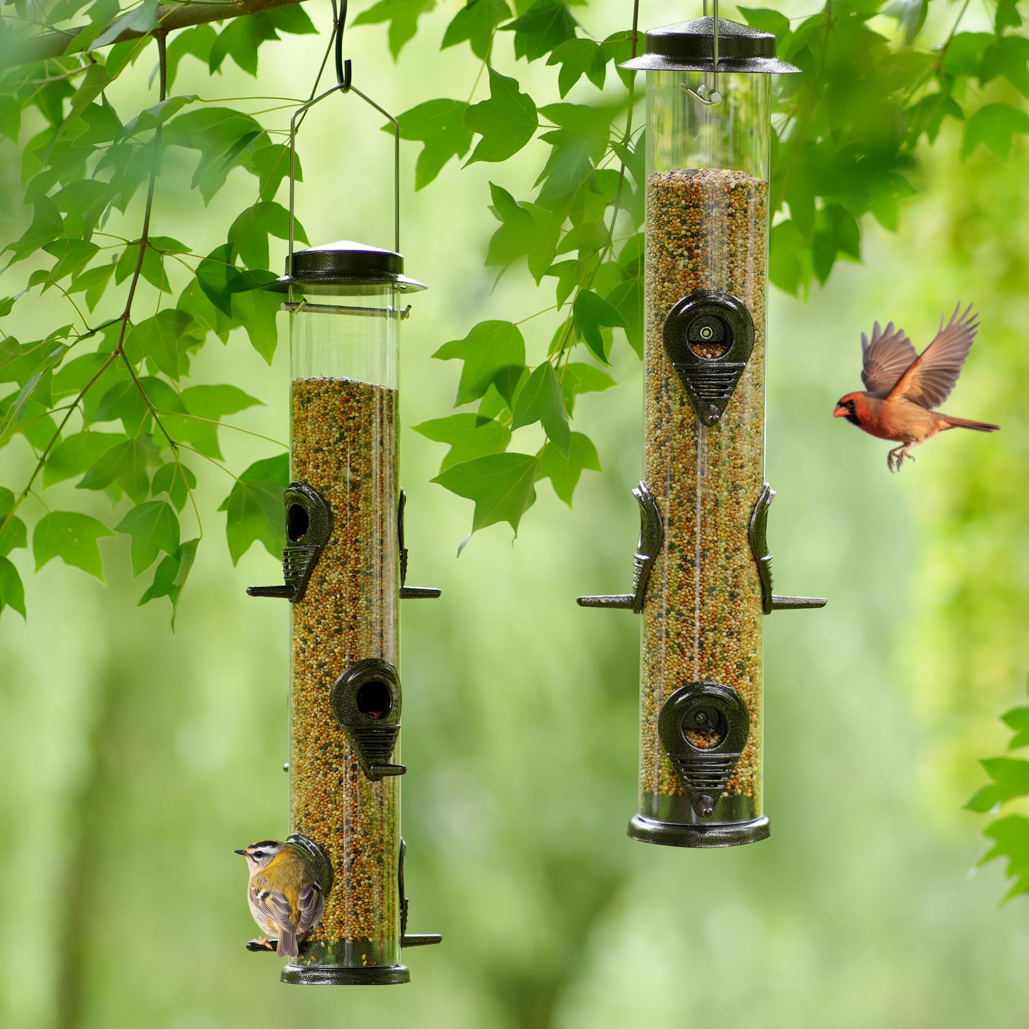 MIXXIDEA 1 mangeoire à oiseaux en métal avec 6 ports d'alimentation, mangeoire à oiseaux en tube avec crochet en acier, mangeoire à oiseaux sauvages en plastique dur pour suspendre à l'extérieur