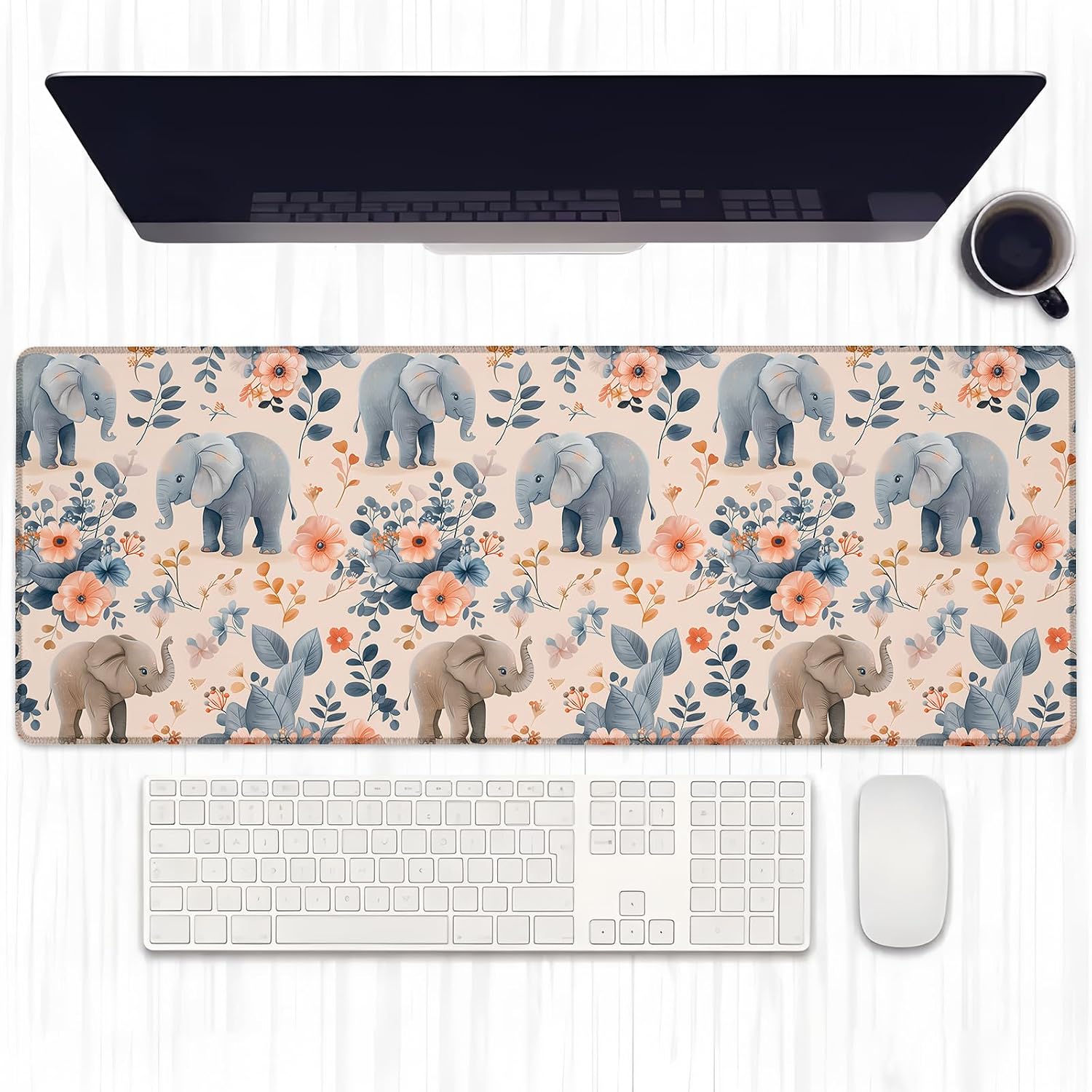 Cute Elephant Gaming Mouse Pad, Extended Adorable Elephants Desk Mat Computer Laptop Mousepad, Robust Stitched Edges, 31.5"×11.8" Large Office Keyboard Mouse Pads for Home Desktop Decor