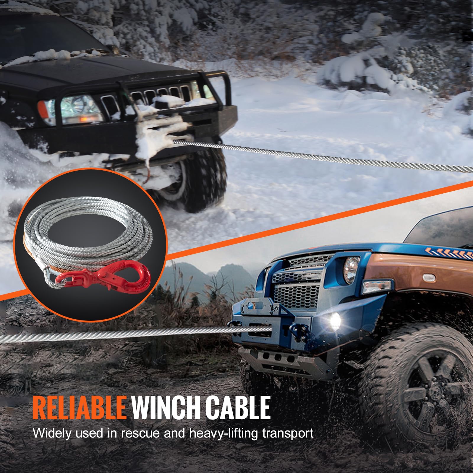 VEVOR Corda Verricello in Metallo 9,5mm x 30,5m Cavo in Acciaio Zincato 67,6 kN con Gancio Girevole per Verricello Forgiato Cinghia di Trazione SUV Fuoristrada Camion, Cavo per Verricello Fuoristrada
