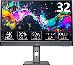 INNOCN Monitor OLED 4K de 32 polegadas para Mac mini MacBook Air/Pro, monitor de computador PC 3840 x 2160, USB C, HDR 10, 99% DCI-P3, 99% sRGB, 1M: 1, suporte ajustável de inclinação/altura, montagem