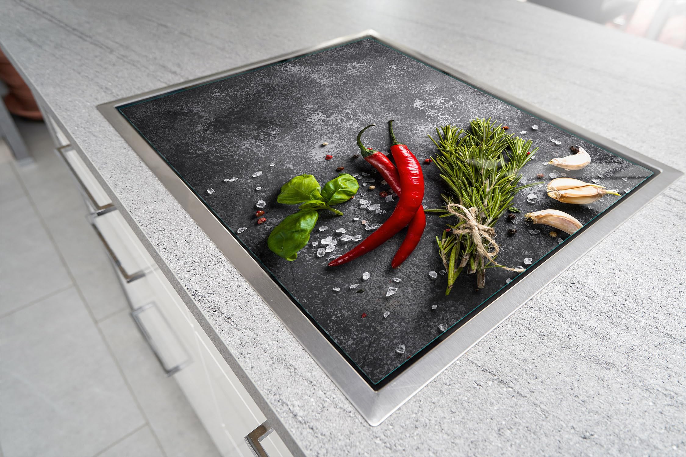TMK ArtDeko Copri piano cottura induzione 70 x 52 cm copertura per piano cottura in vetroceramica 1 pezzi universale per piastre di cottura paraspruzzi tagliere in vetro temprato, chili
