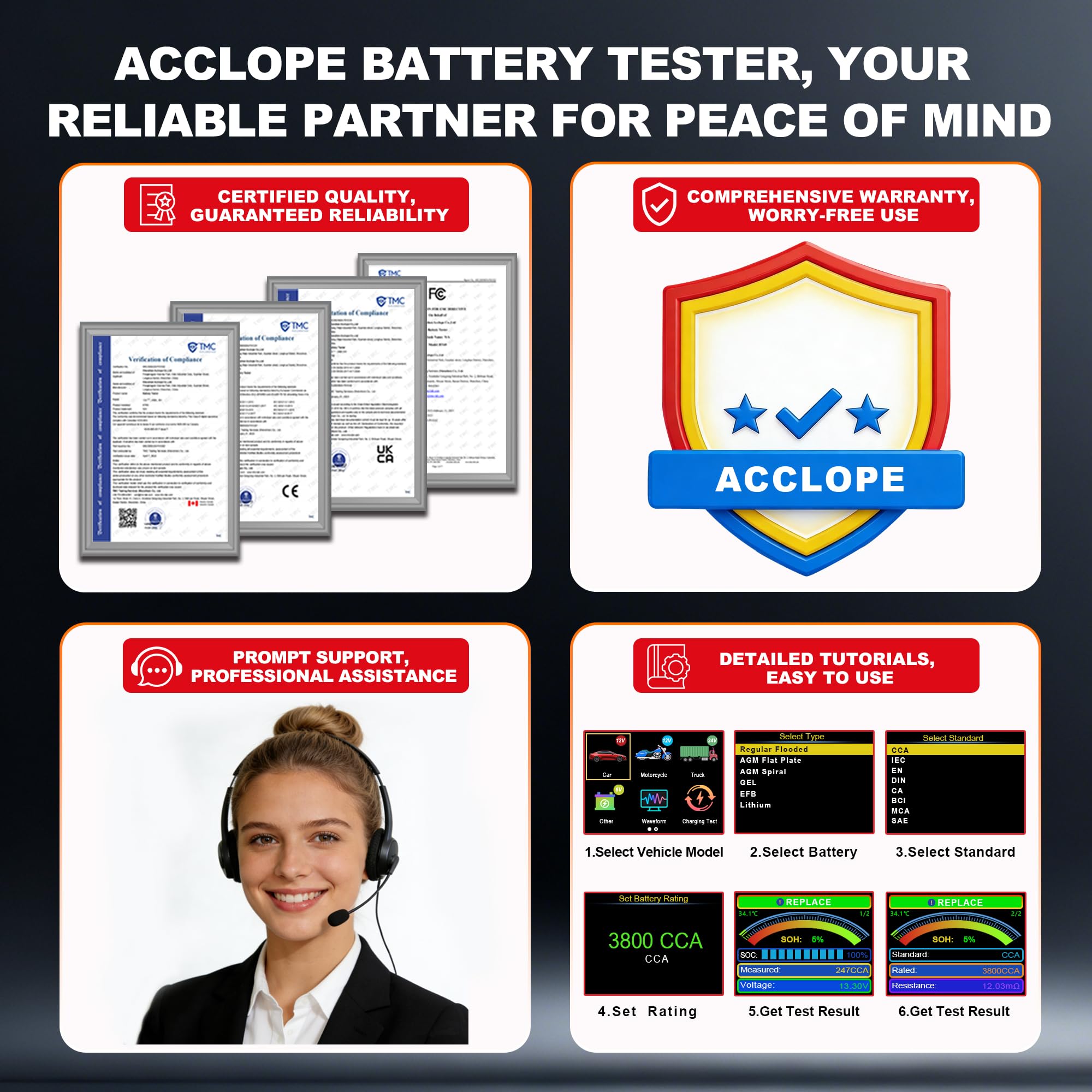 BT90 PRO CCA 30-3800 Testeur de Batterie,Compatibilité 6V/12V/24V, AGM/EFB/GEL/LiFePO4, 2–360Ah, Test Système Start-Stop et Démarrage, Impression Cloud, SOH/SOC/Tension/Rés, SAE/EN/IEC/CA/MCA