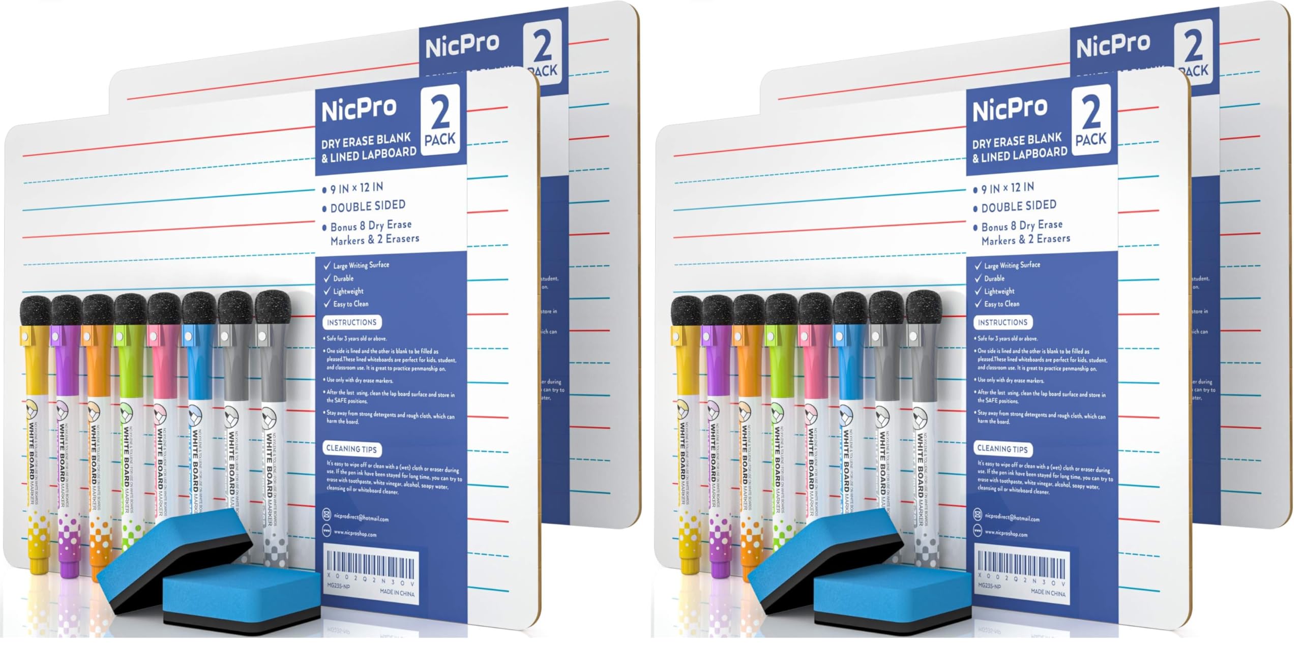 Nicpro Dry Erase Lap Board 9 x 12 inches 4 Pack Ruled Kid Double Sided Blank &amp; Lined Small Lapboard with 8 Pens, 2 Eraser, Learning Mini Whiteboard Portable for Student and Classroom Use