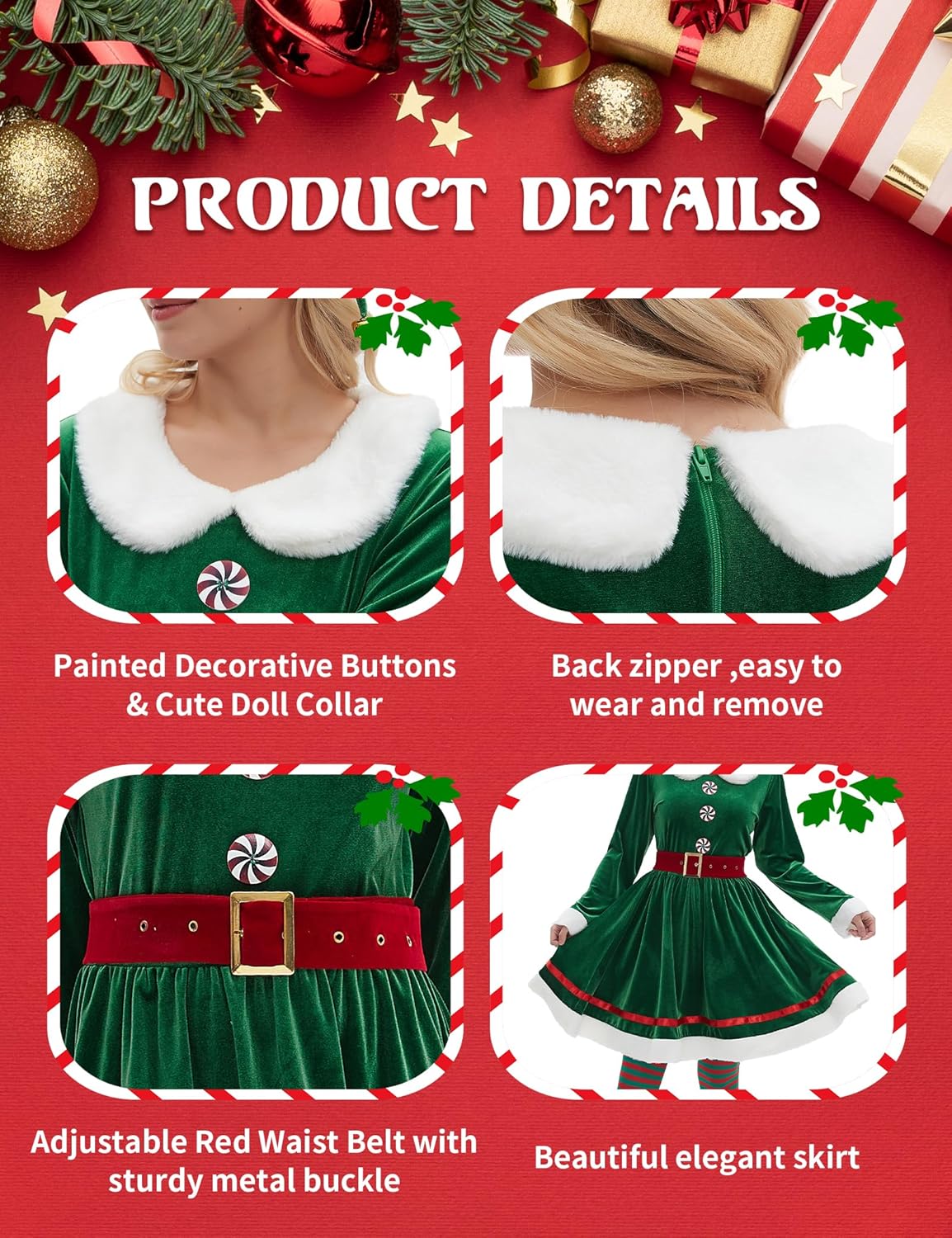 Elf Costume Christmas for Women 5pcs Elves Outfit Adult Plus Size Santa Dress Suit with Hat Shoes Belt Striped Socks