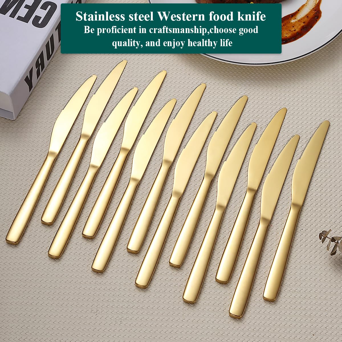 Evanda Set di coltelli da bistecca in oro 12 pezzi, coltelli da tavola in acciaio inox placcati in titanio, set di coltelli da burro, set di posate in argento, set di posate, lavabili in lavastoviglie