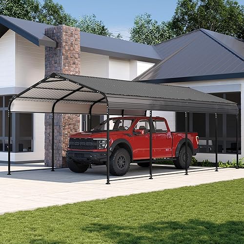 Aoxun 12x20 FT Metal Carport, Heavy Duty Carport Canopy with Galvanized Steel Roof & Frame, 12'W x 20'D x 8.8'H Metal Garage Building Car Ports Shed for Car, Boat, Pickup and Tractors