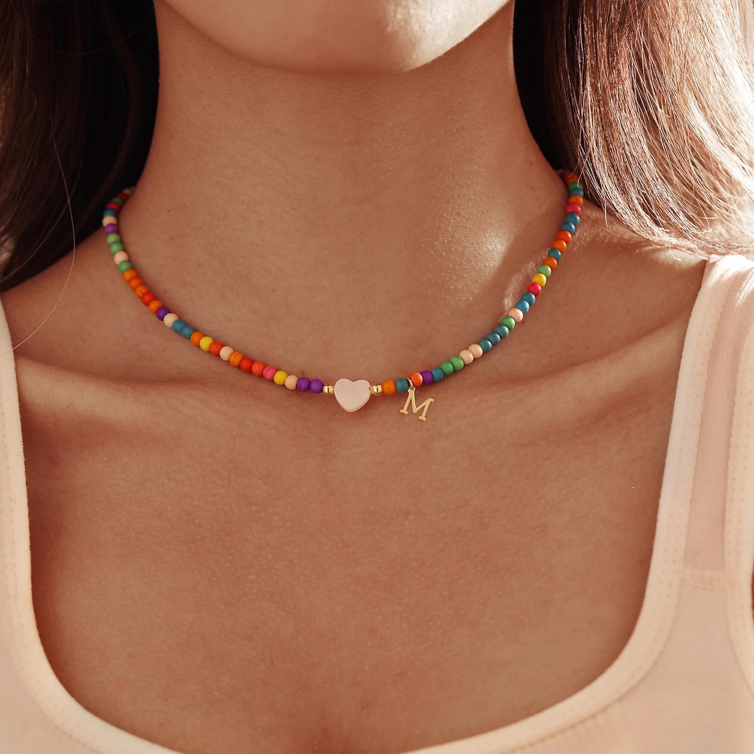 Initial Necklaces for Women,Cute Letter Necklace Gold Plated Summer Beaded Choker Necklaces for Women Trendy Preppy Custom Name Necklace Boho Initial Charm Necklace Dainty Gold Jewelry Gifts - Image 2