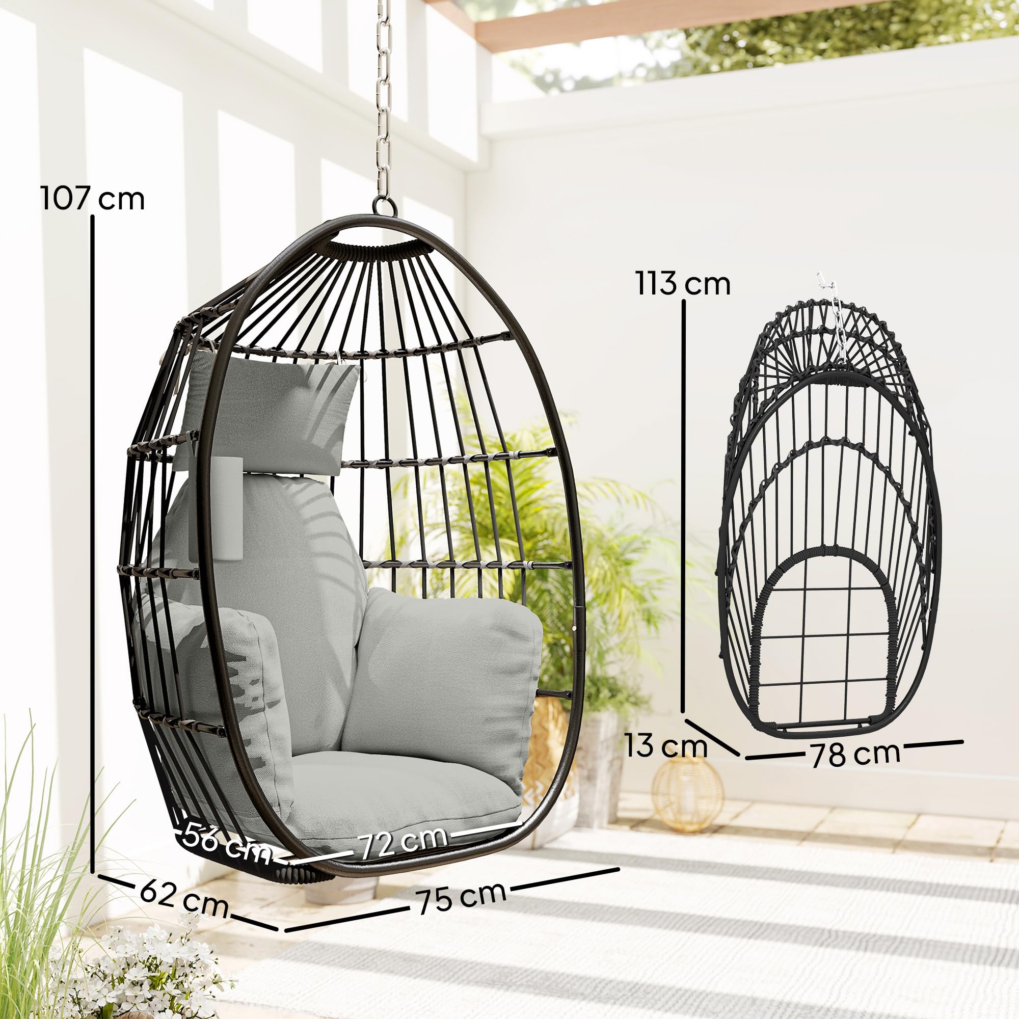Outsunny Fauteuil Suspendu Fauteuil œuf Suspendu, Chaise hamac balançoire avec Panier Pliable, Coussins rembourrés, Porte-gobelet et Oreiller, pour intérieur et extérieur, capacité 120 kg, Gris foncé