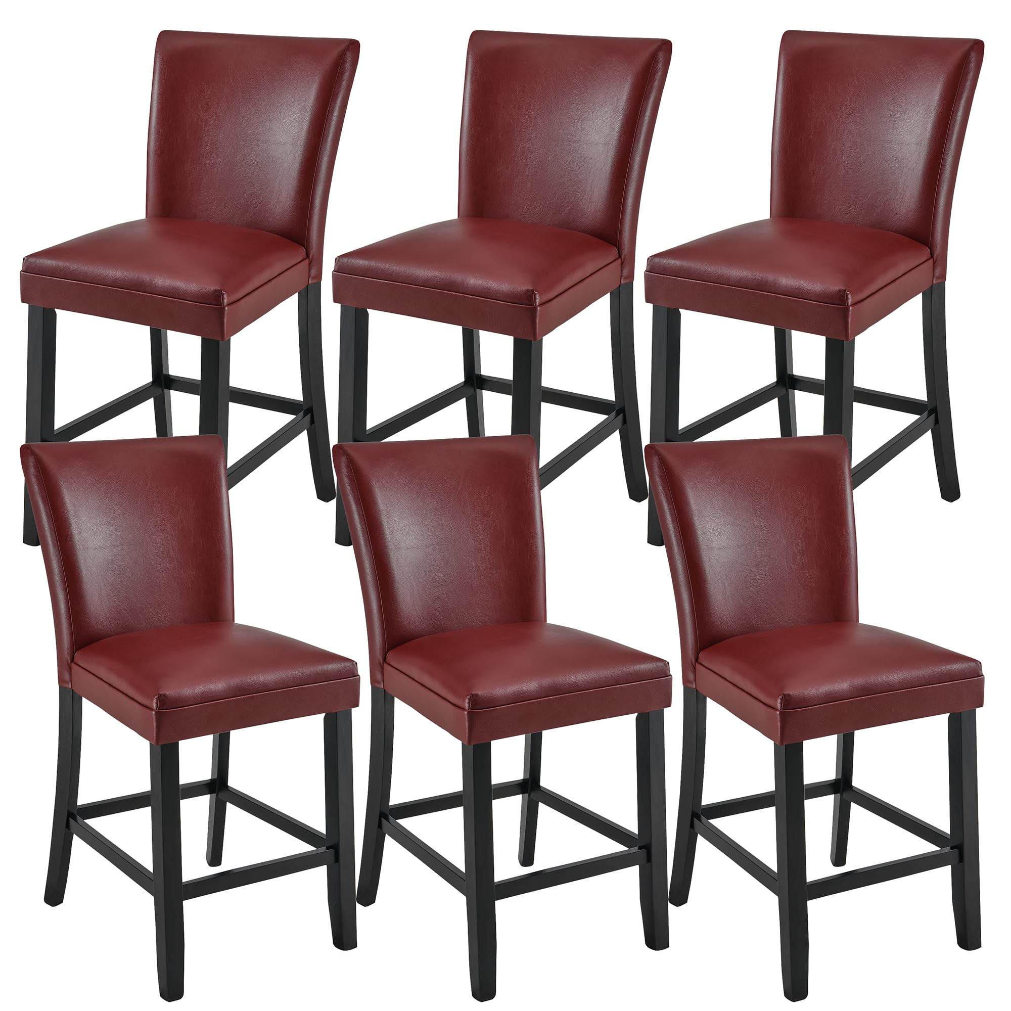 PADMA HOUSECounter Bar Stools, Solid Wood Bar Chairs, Holds Up to 250 Lbs, 40”H Dinning Chairs with Waterproof Surface, Fuax Leather, Upholstered Stools for Kitchen Restaurant (6, Red)