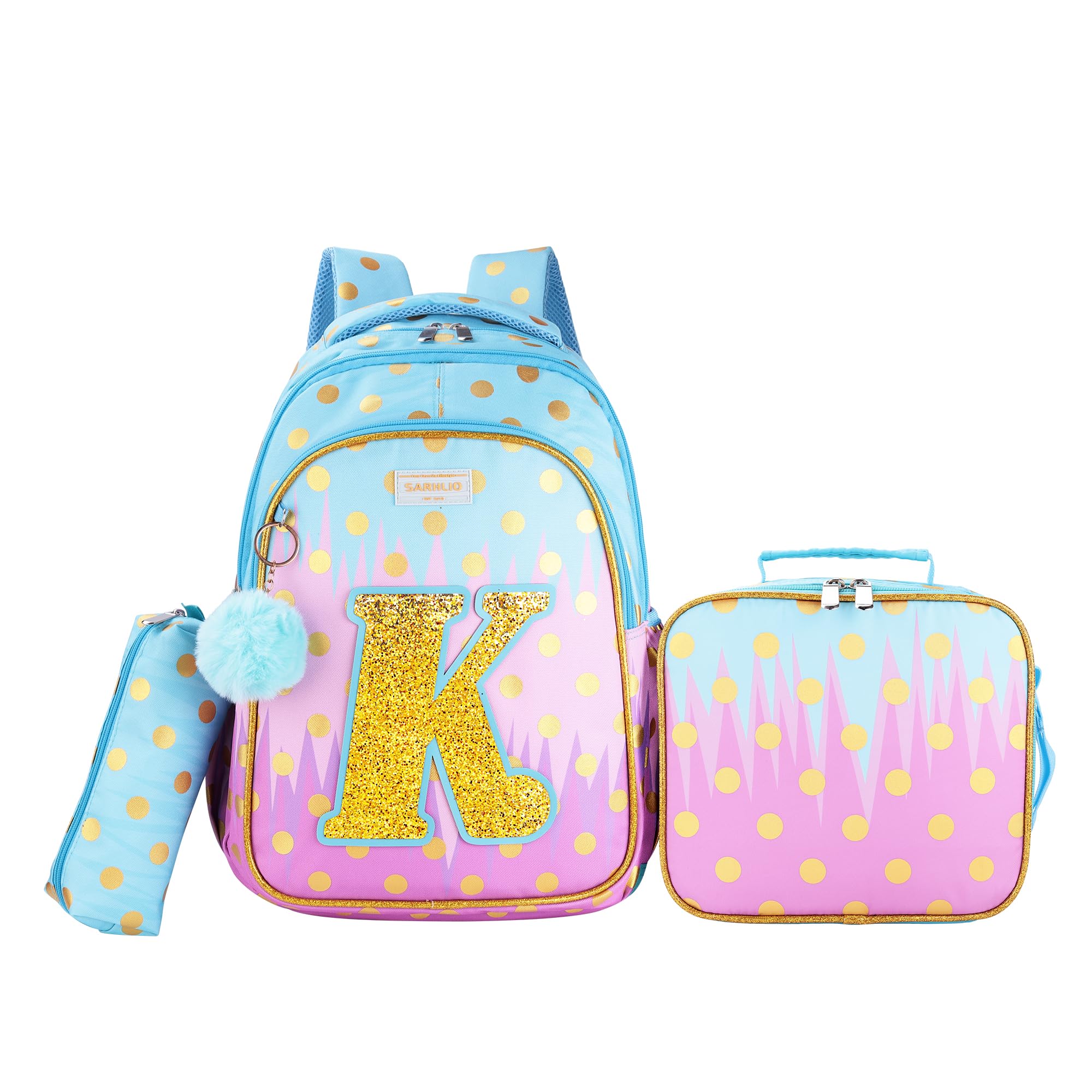 SARHLIO Kids Backpack with Insulated Lunch Bag Sets for Girls, Glitter Galaxy Elementary School Girls School Bag Large 16 Inch Bookbag with Letter K Sparkling Sequin Tower Design