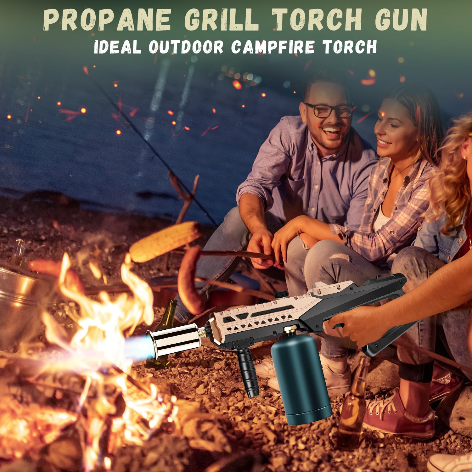 Potente pistola de propano, antorcha de cocina con llama ajustable, soplete de soplete para barbacoa, fogata, filete abrasador, camping (tanque de propano no incluido) (dorado)
