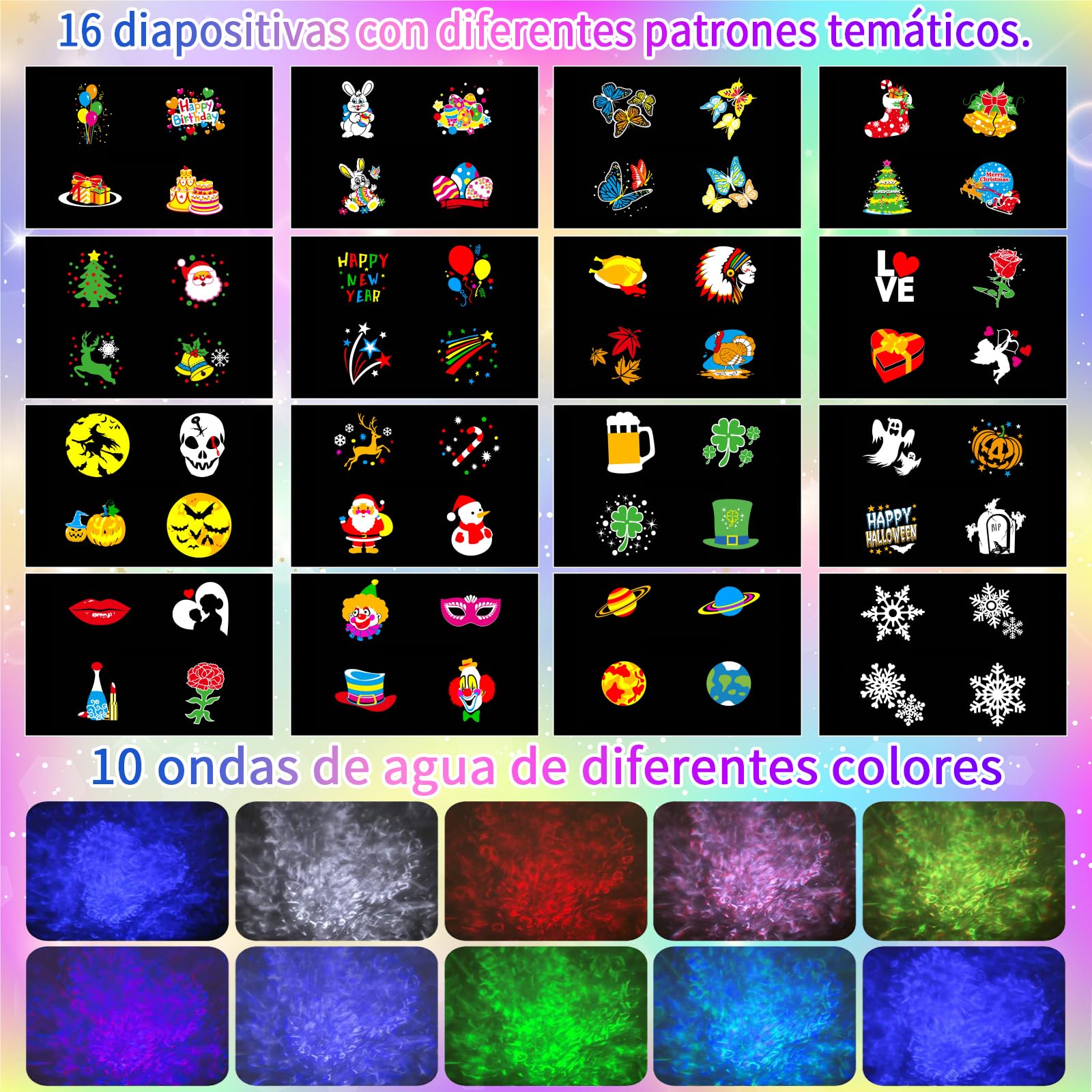 Proyector Navidad Exterior y Interior, Decoración Proyector Luces Navidad Exterior Fachada con Control Remoto, 16 Diapositivas de Patrones y 10 Efectos de Olas, Impermeable