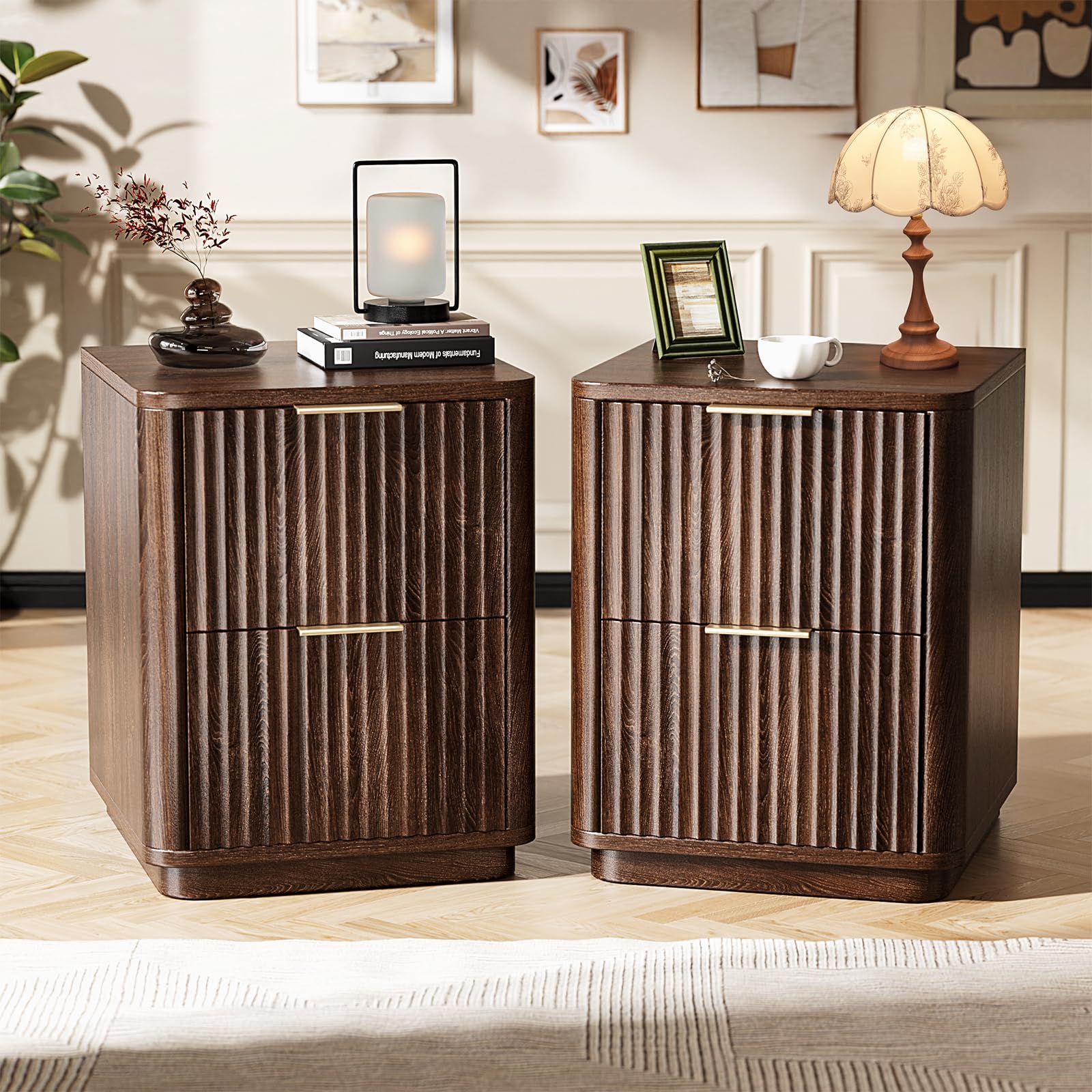 Bonnlo Fluted Bedside Table with Small 2 Drawers,Set of 2 Grille Nightstand,Walnut Sofa End Table, Modern Bedside Storage Drawers for Bedroom, Living Room