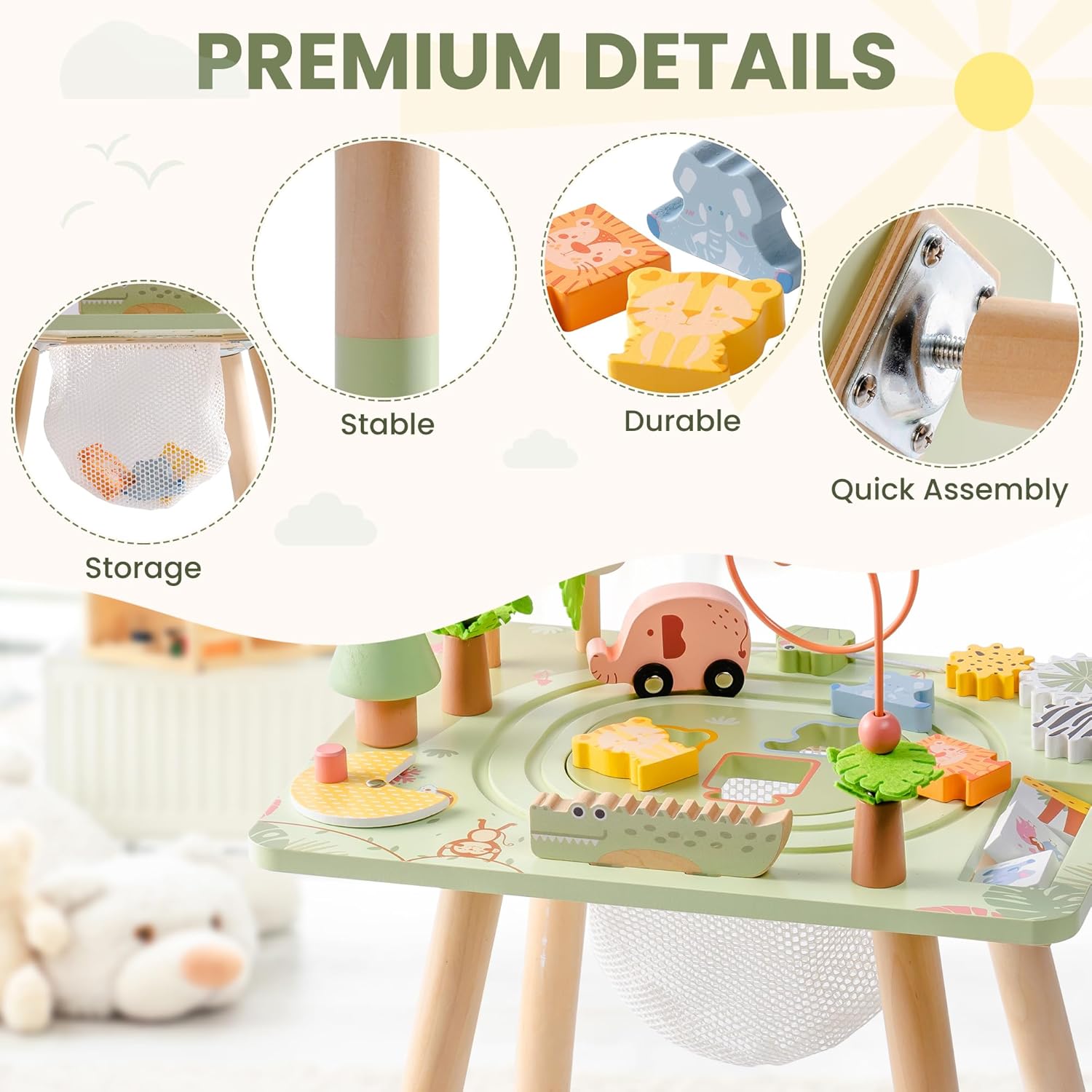 ROBUD Activity Table, 11-in-1 Montessori Learning Table with Bead Maze, Gears, Track, Shape Matching, Storage & More, Wooden Montessori Toys for Toddler, Educational Gift for Baby Boys Girls, Green