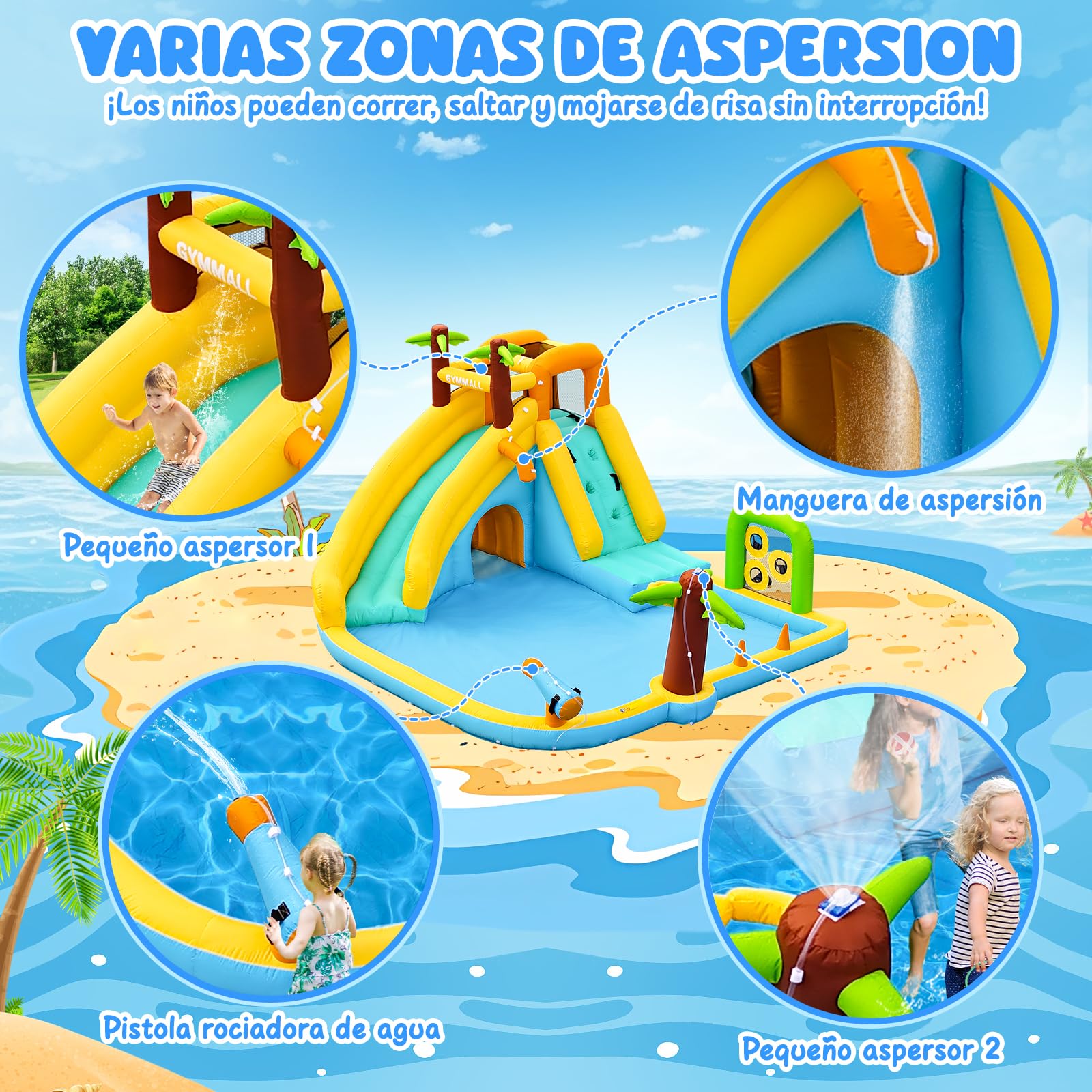 Tobogán Inflable de Agua con Ventilador 450W - Castillo Hinchable 10-en-1 para Niños en Interior y Exterior con Piscina, Aspersores y Tobogán Largo