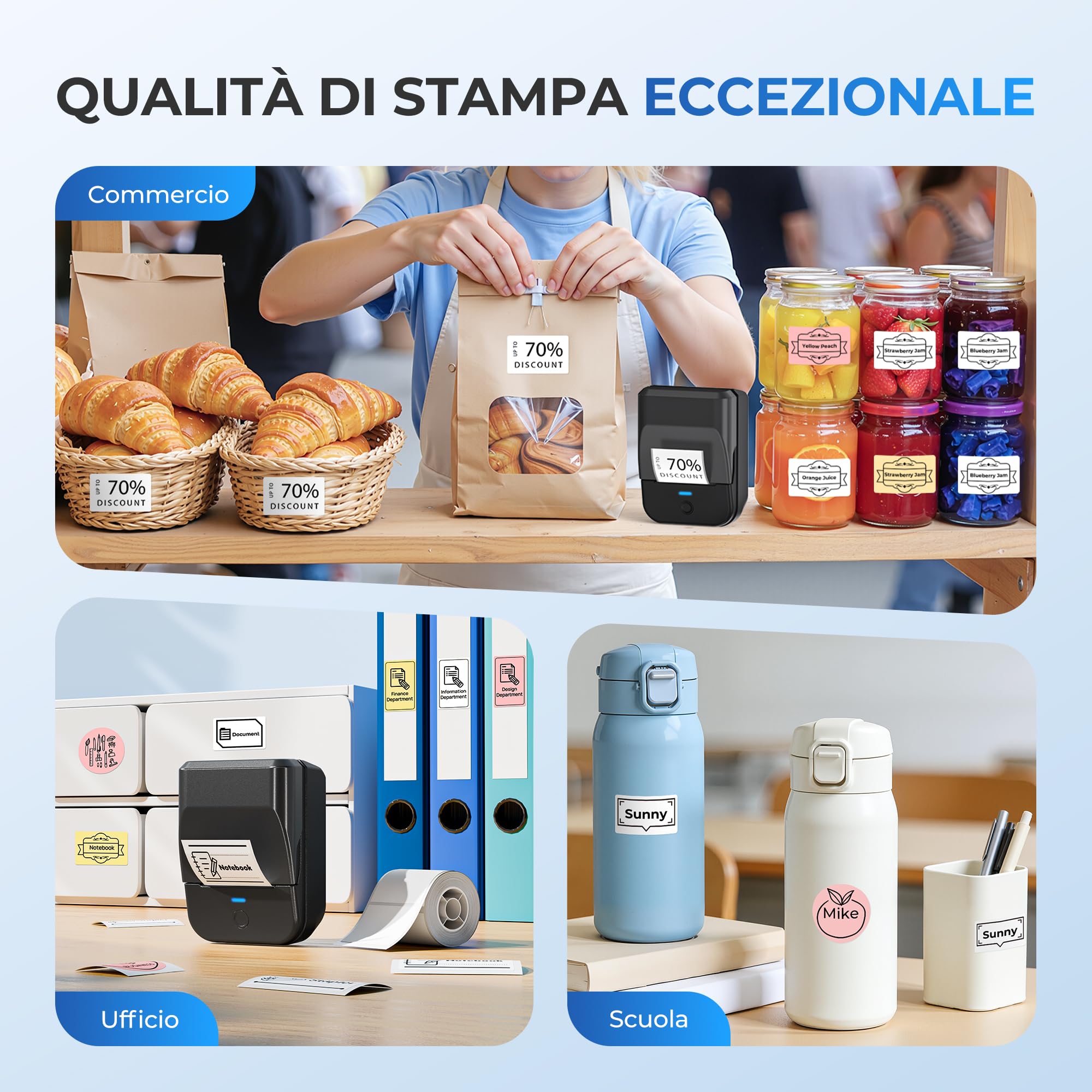 PM240 Stampante termica etichette adesive Bluetooth, Nero | Incluso 3 Rotolo Di Etichette, Stampante Da 2 Pollici, Numerosi Modelli Predefiniti Per Ufficio, Scuola, Casa E Fai‑Da‑Te.