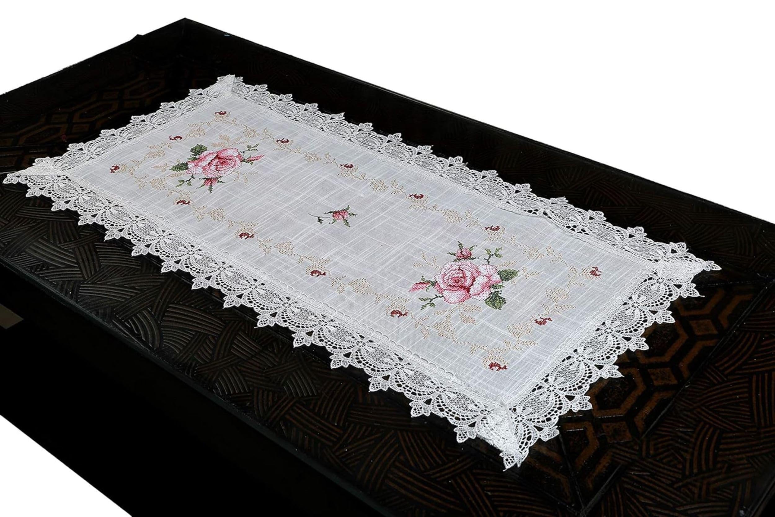 Embroidered Lace Table Runner for Center Table – Elegant Floral Design | Vintage Style Center Table Dcor for Home, Living Room, Festive & Daily Use | 15x33 inches | Pink Flower on White-image-38