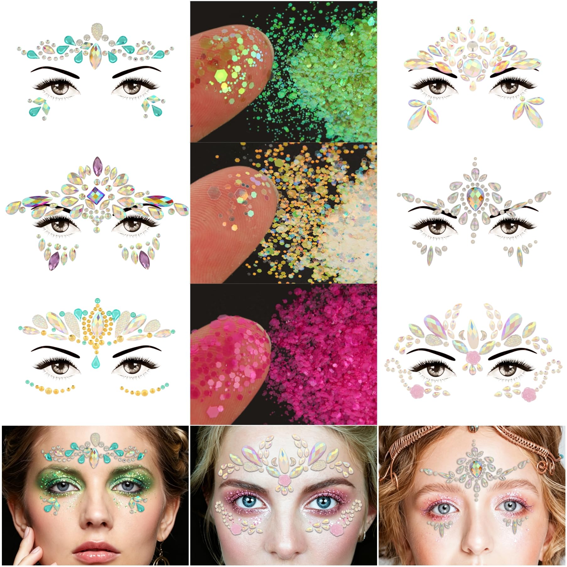 DECOYARDOO 6Pcs Face Gems Self-Stick Face Jewels, 30g Chunky Mix Glitter