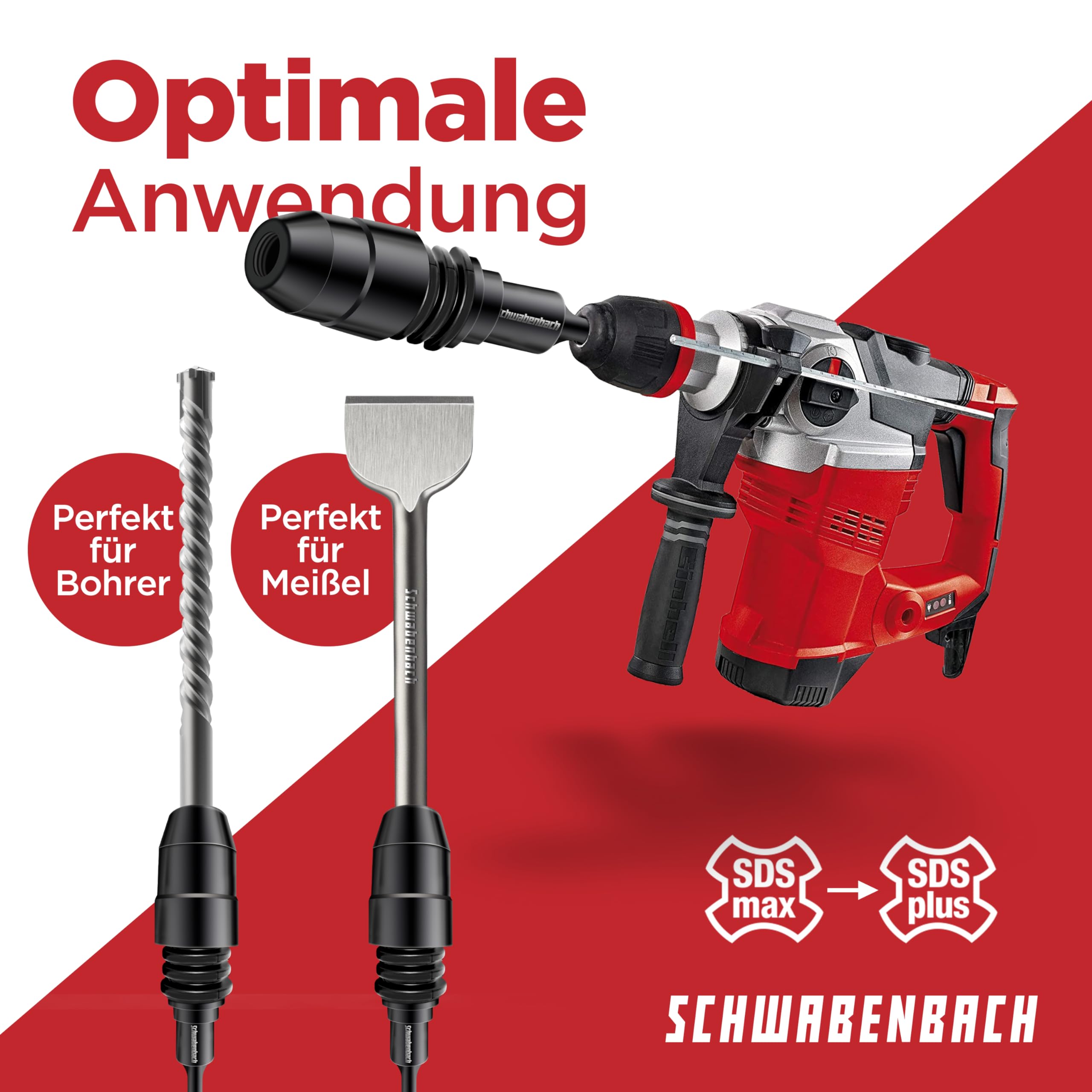 SCHWABENBACH® SDS Plus auf SDS Max Adapter - Adapterstück zur benutzung von SDS Max Beton Bohrer oder Meißel auf Maschinen mit SDS Plus Aufnahme Bohrfutter Hammerbohrer - Premium Qualität
