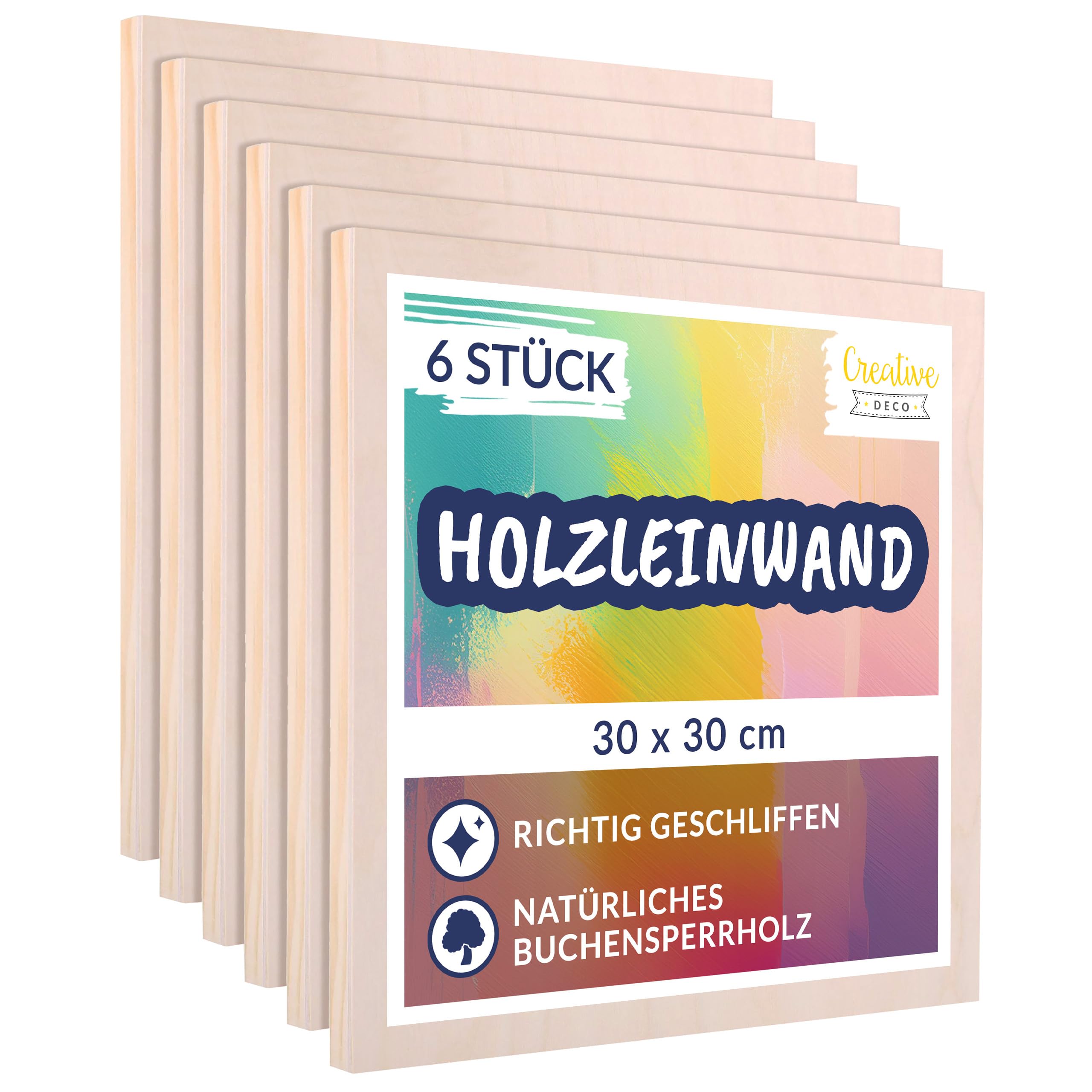 Creative Deco Holz Leinwand zum Bemalen 30 x 30 cm 6er Pack | Set von Holz-Malgründe | 1,7 cm Dicke | Malplatte für Profis und Hobby-Maler | Malunterlagen für Kunstprojekte, Dekoration, Gemälde