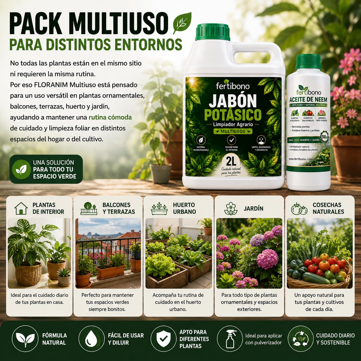 FERTIBONO FLORANIM Multiuso - Jabón Potásico 2L + Aceite de Neem 500 ml para Plantas, Huerto y Jardín - Pack Concentrado para Diluir en Agua y Pulverizar