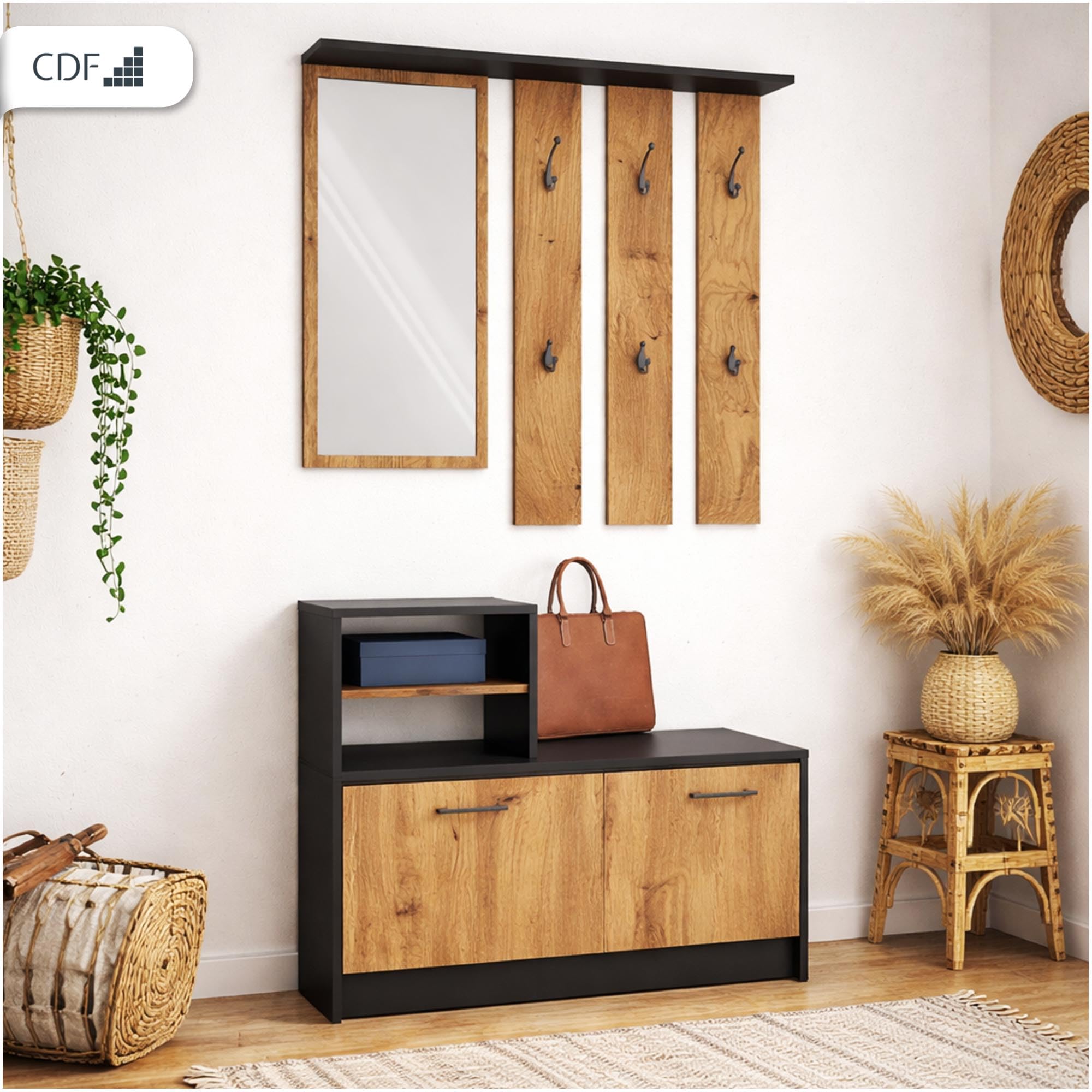 CDF Garderobe-Set Flurmöbel mit Spiegel und Schuhschrank 85x24x180 cm Anthrazit/Eiche Artisan