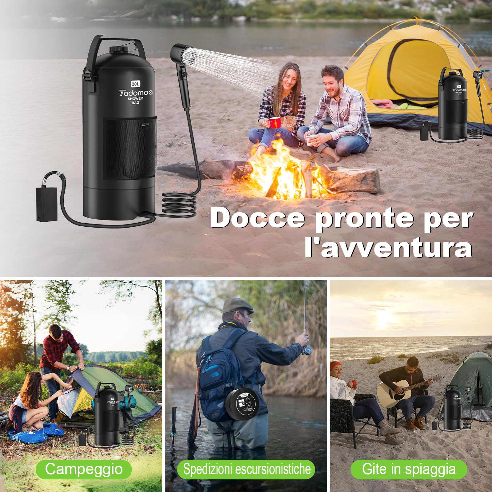 20L Doccia da Campeggio con Pompa, 2000mAh Doccia Portatile Solare Borsa con Pratico Ugello per Campeggio, Escursionismo e Spiaggia