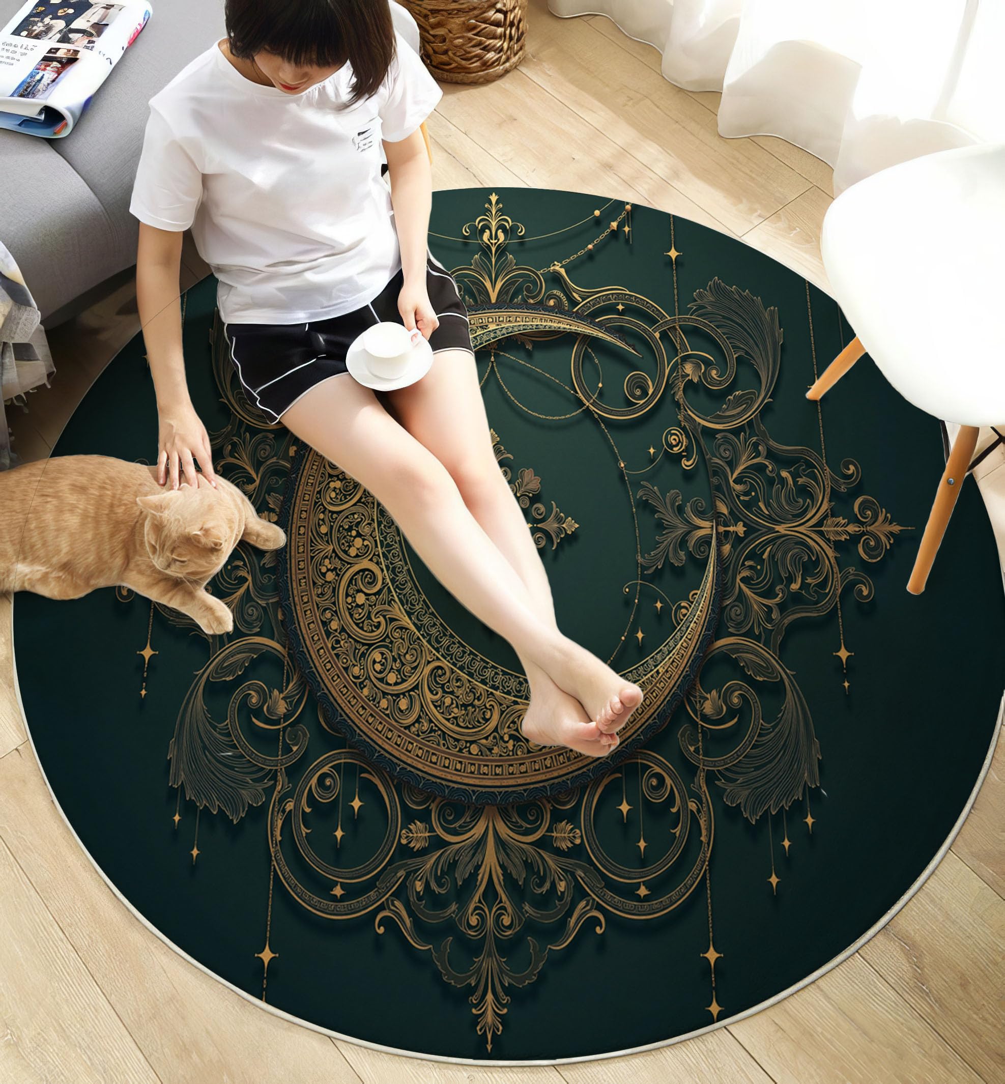 Tapis de Salon Rond, Motif Art Décoratif En Filigrane De Croissant De Lune Tapis Antidérapant Doux Moelleux pour Décoration Salle à Manger Canapé ou Chambre d'enfant (Vert foncé, Diamètre 200cm )