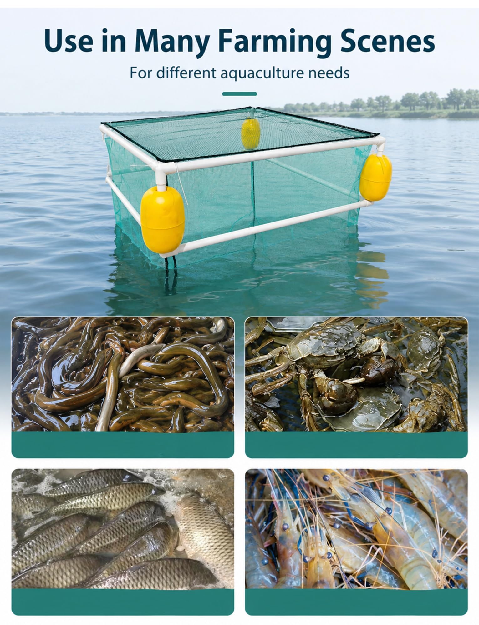 Jaula Flotante para Peces con Tapa, Marco PVC y flotadores de Esquina | Cesta flotante para peces de malla verde, piso simple o doble, para estanque, lago, muelle y acuicul
