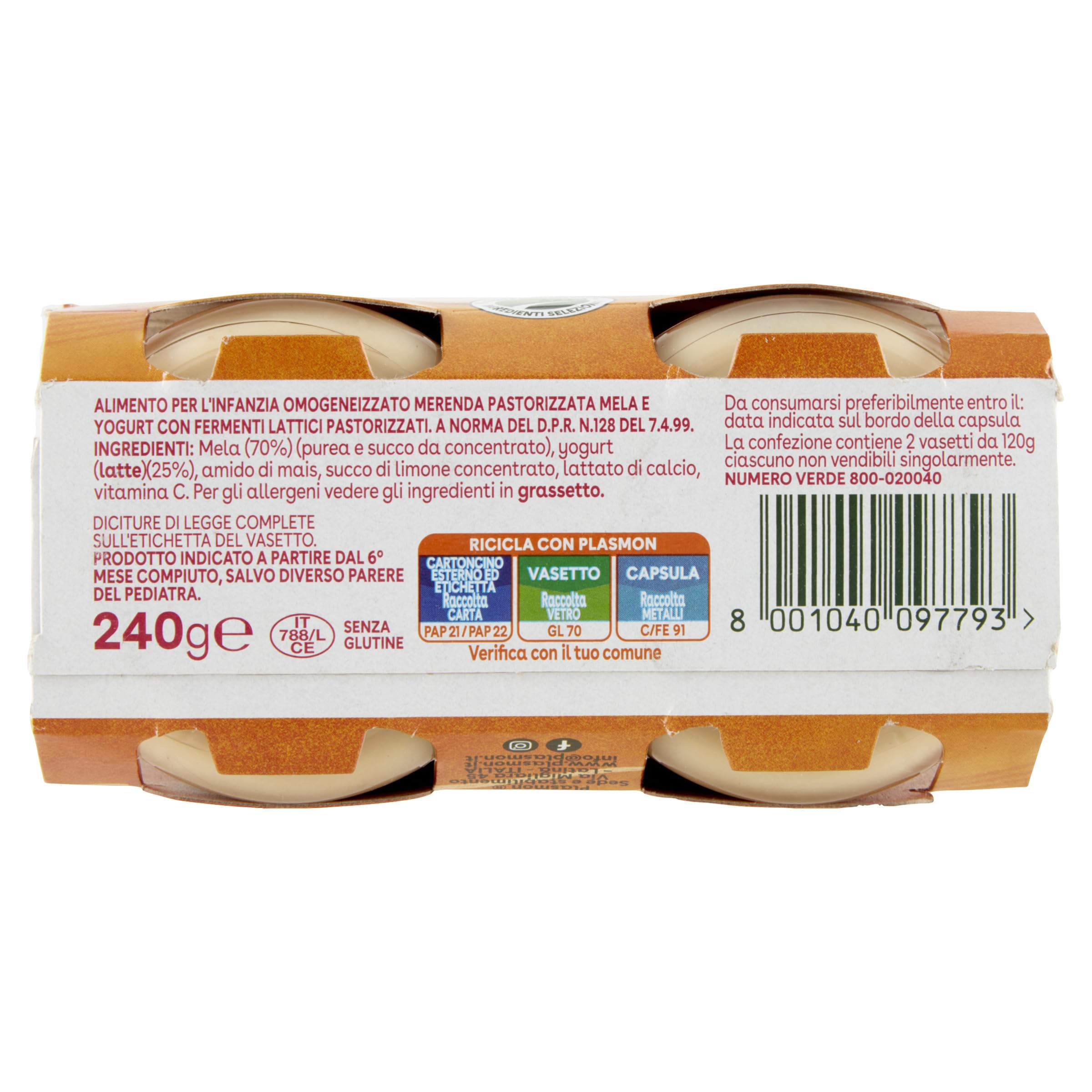 Plasmon Omogeneizzato Yogurt e Mela 2x120g (12 Confezioni)