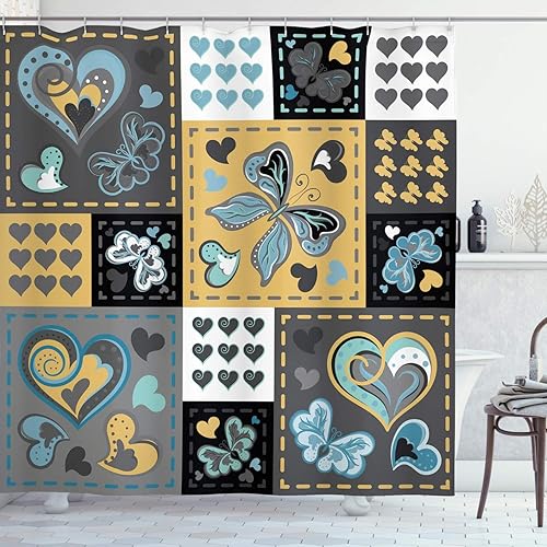 Ambesonne - Cortina de ducha vintage con textura oscura, adorno vintage con diseño de corazón y mariposa, color gris y amarillo
