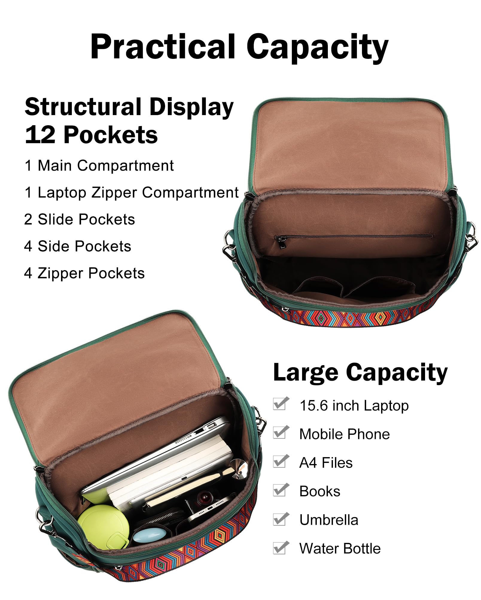 FADEON Zaino per computer portatile da donna, in pelle, con scomparto per laptop, borsa a tracolla in PU di design