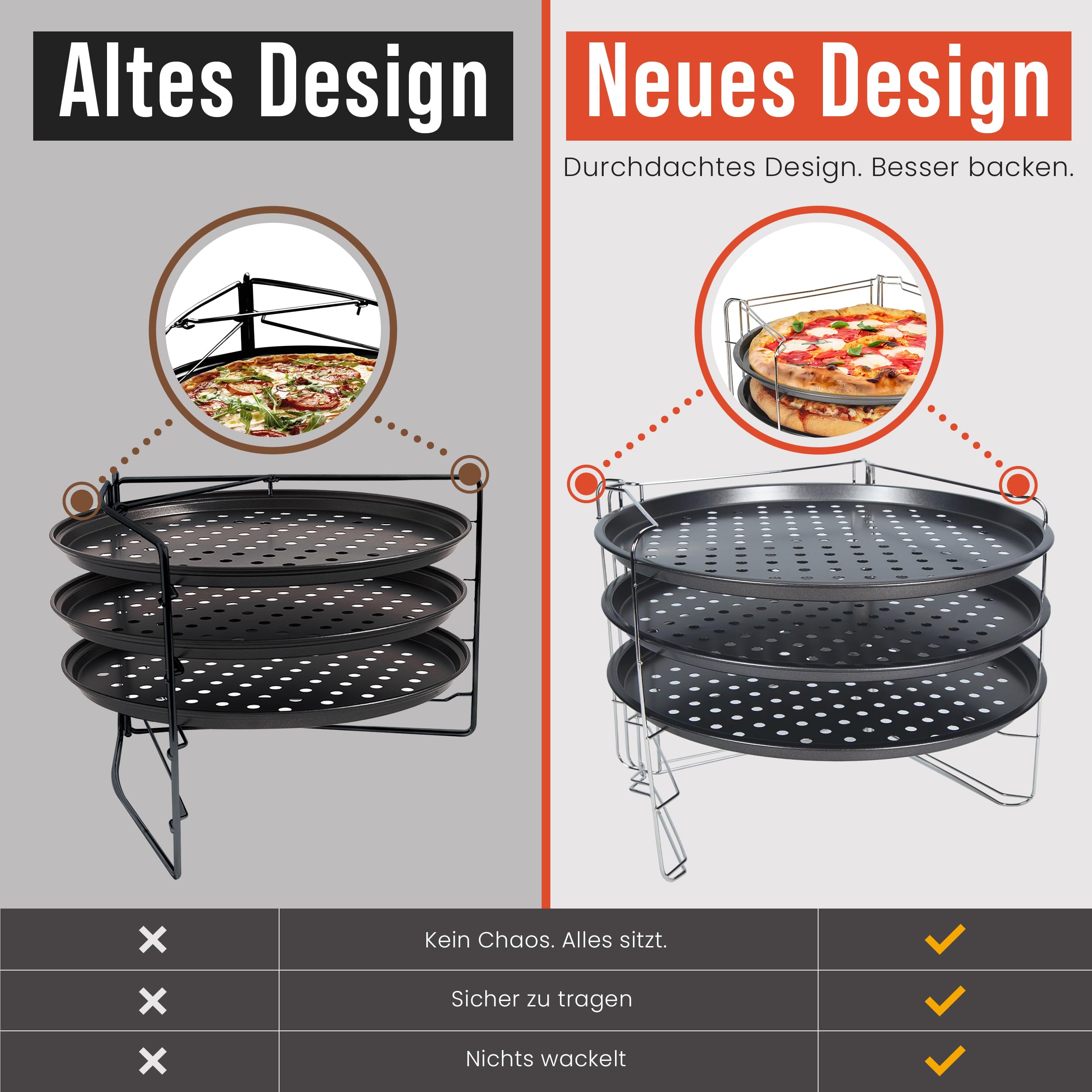 Chef Pomodoro Pizzablech rund 33cm, Pizzaständer für Backofen – klappbares Pizzagestell, 3x gelochte Pizzapfanne, Pizza Stahl, stabiles Pizza Backset für Ofen