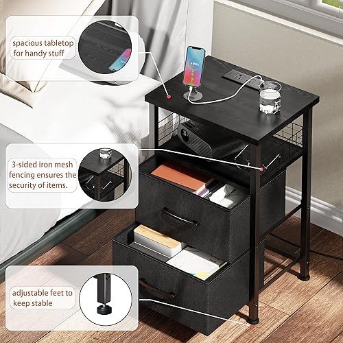 Miniatura 35 de Juego de 2 mesitas de noche con estación de carga, juego de 2 con tira de luz LED de 20 colores, 3 cajones de tela, mesita de noche con puertos USB