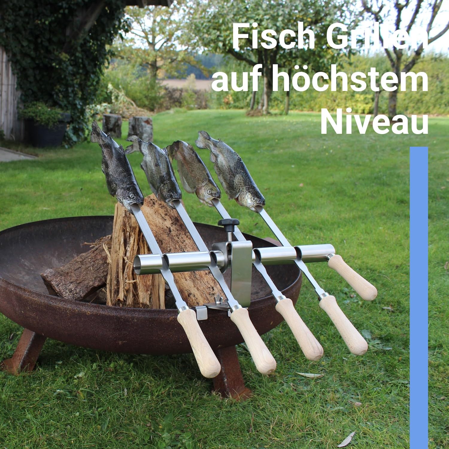 SCHILLING Fischgrilltechnik/Steckerlfisch Halter/Feuerschale/Feuertonne/Edelstahlspieße / 4 Fische