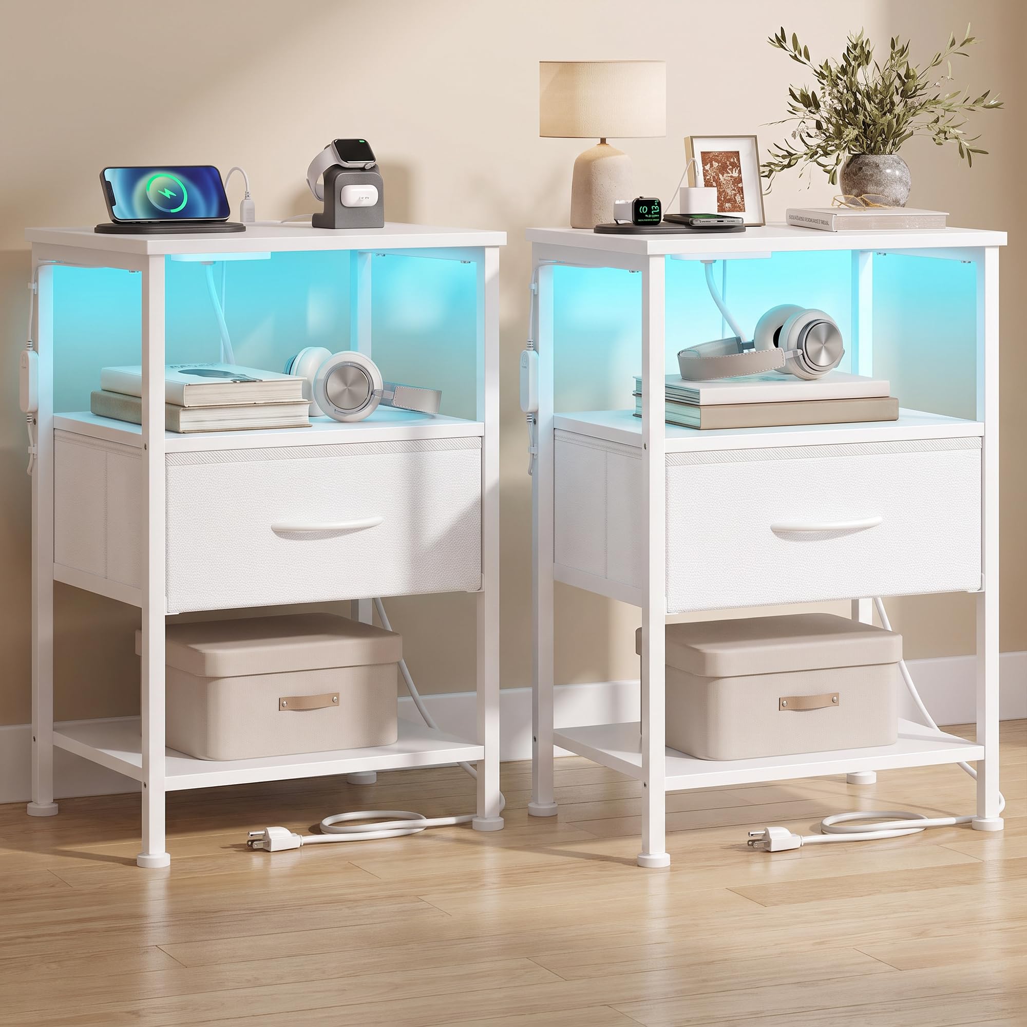 SONGMICS Nightstand with Charging Station, 1 Fabric Drawer