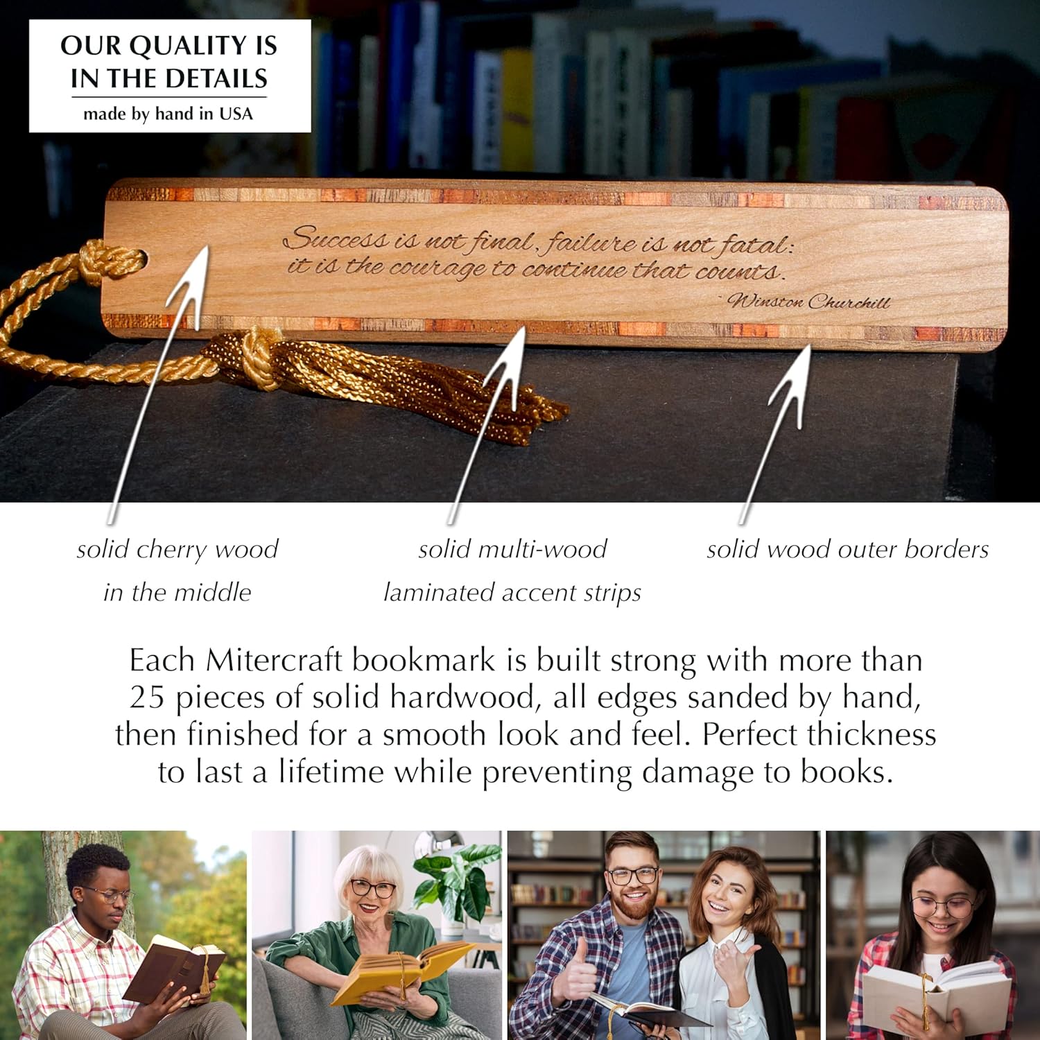 Personalized Engraved Wooden Bookmark Winston Churchill Courage & Success Quote - Made in USA - Also Available Without Personalization