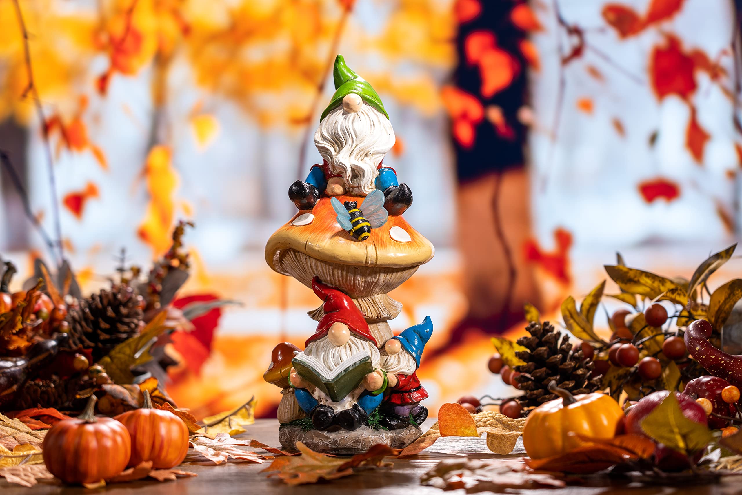 TERESA'S COLLECTIONS Garden Gnomes Statues Decorations for Yard with Solar Lights, 12.6" Cute Gnomes on Mushroom Reading Book Garden Sculptures & Statues Outdoor Gifts for Patio Lawn Ornaments