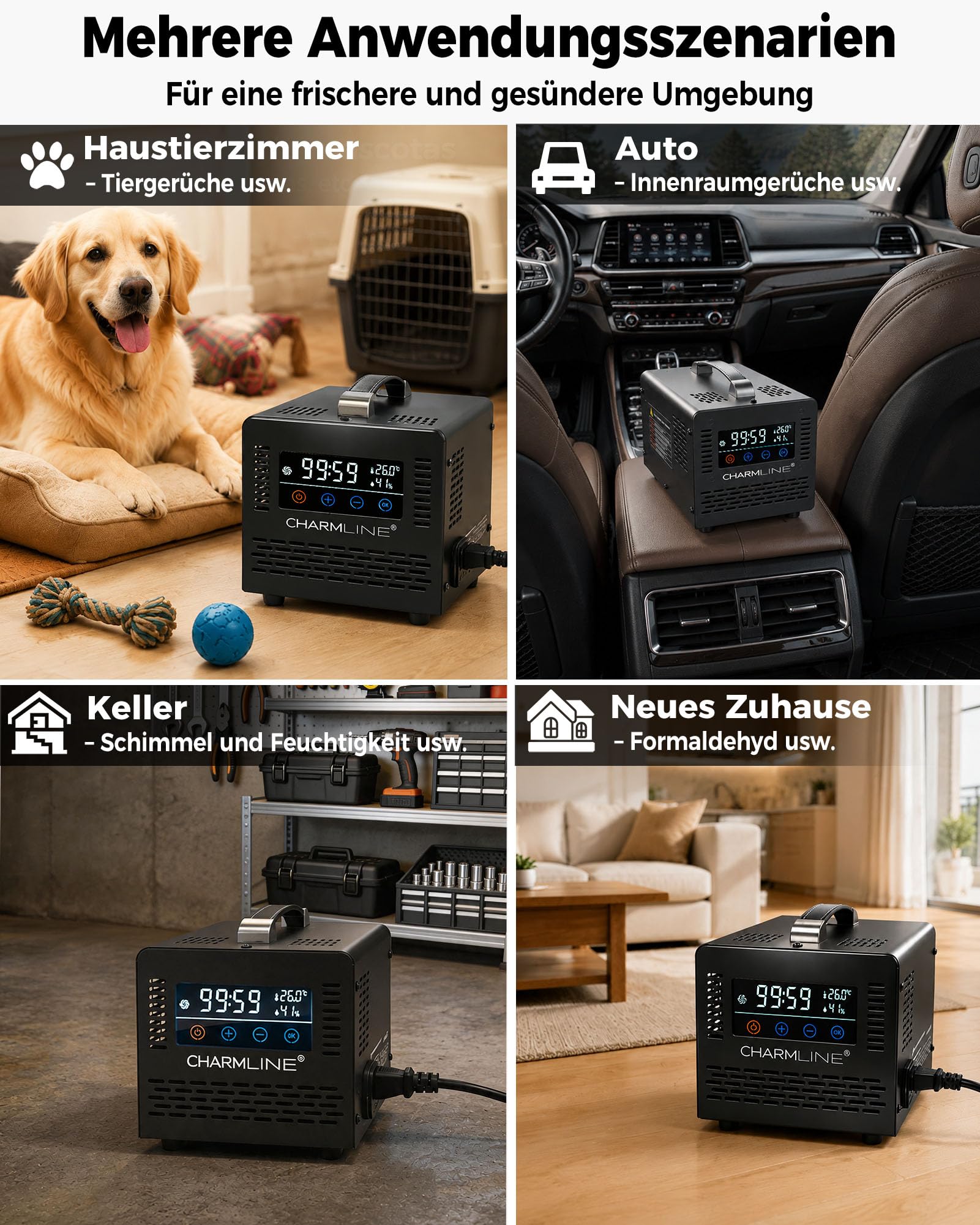 Charmline Smart Ozongenerator 60000 mg/h mit Fernbedienung, zur Geruchsbeseitigung in Autos, Räumen, Kellern, bis 500 m², Schwarz