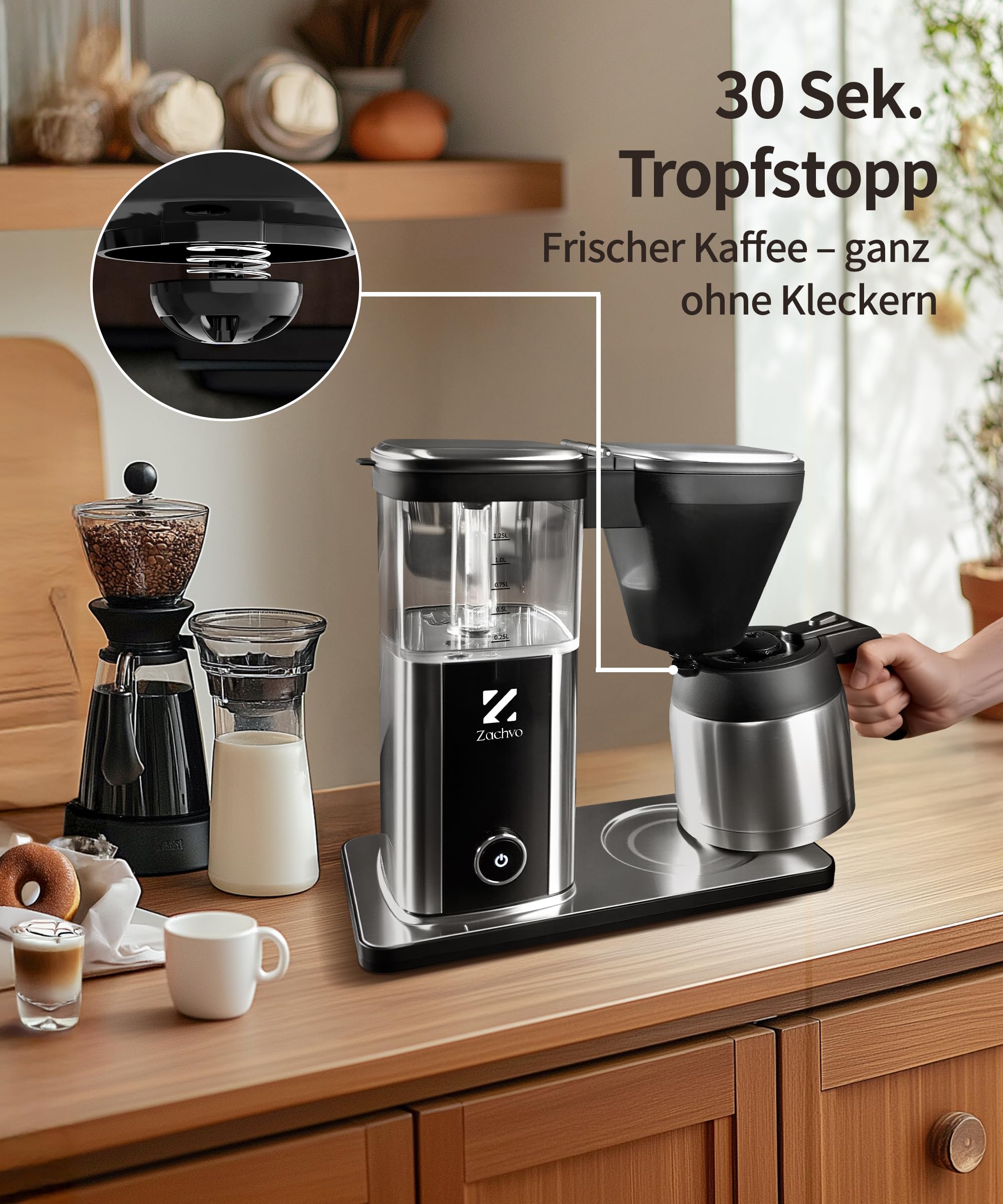cafetera de goteo con jarra térmica y depósito de 1,25 L, cafetera eléctrica filtro 10 tazas, sistema antigoteo, apagado automático, acero inoxidable, PID 92 °C, 4,5 min preparación rápida