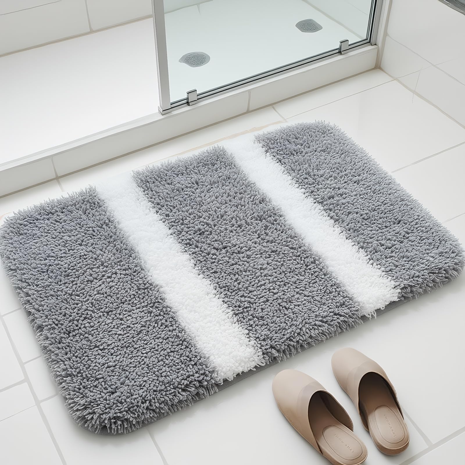 Feiqi Bath Mat 40 x 60 cm, Non-Slip Super Absorbent Microfiber Bathroom Mat, Extra Soft Thick Floor Foot Mat, Fluffy Shaggy Bath Mats Rugs for Bathroom，Grey