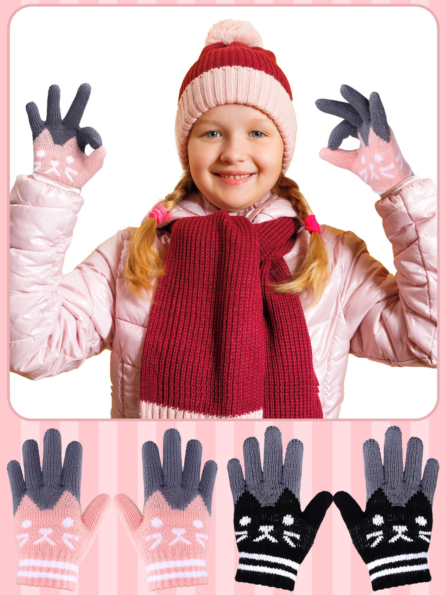 SATINIOR 2 Pares Guantes de Punto para Niños 6-12 Años Guantes de Invierno de Gatos Lindos Guantes Térmicos, Negro y Rosa